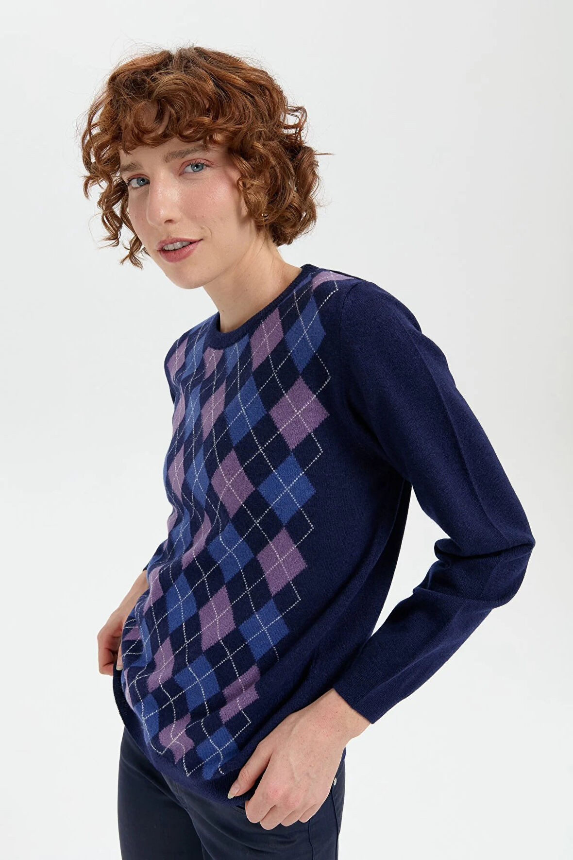 Desen Triko Kadın Sıfır Yaka Önü Baklava Desenli Yün Kazak 24035 Açık Lacivert