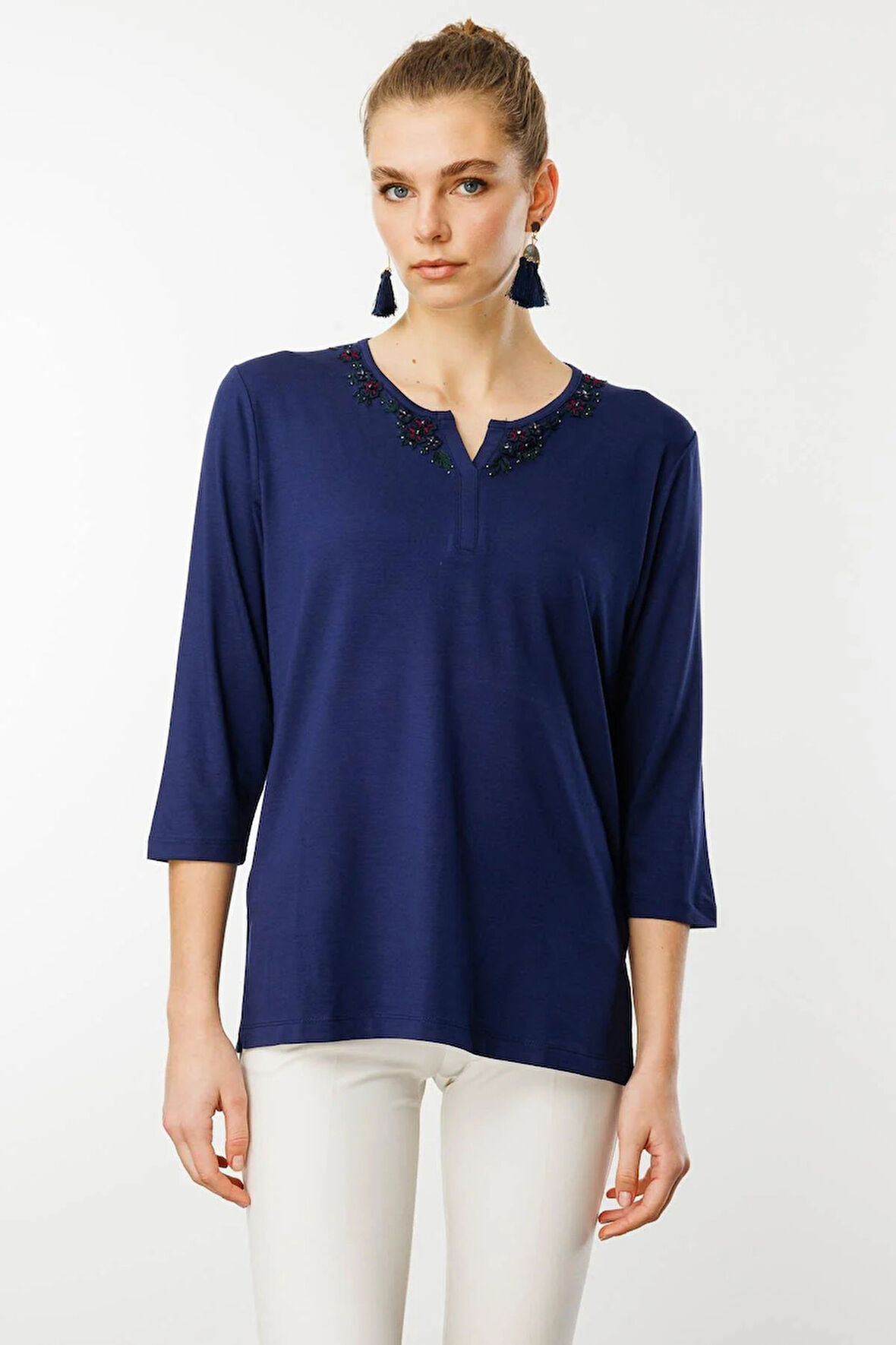 Desen Triko Kadın Yakası Dantel İşlemeli Penye Bluz 24752 Lacivert