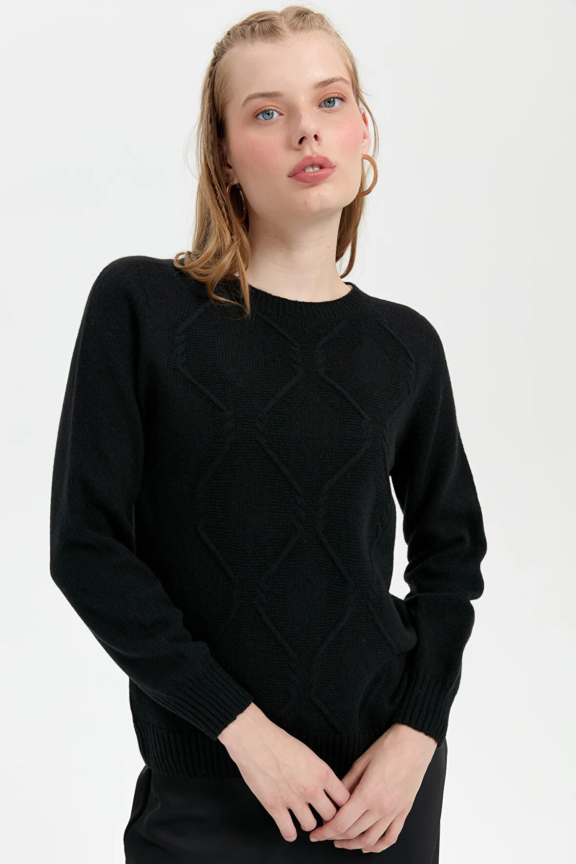 Desen Triko Kadın Sıfır Yaka Dikişsiz Önü Baklava Örgü Yün Kazak 24217 Siyah