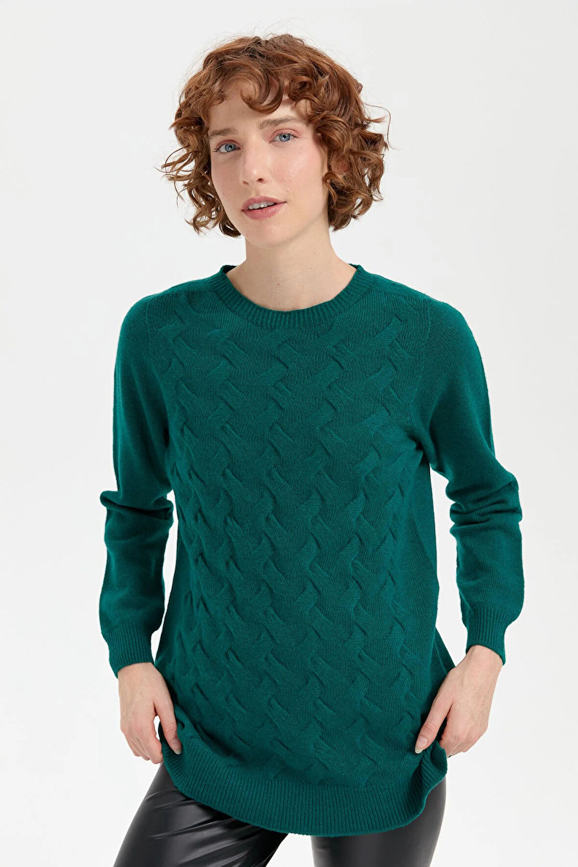 Desen Triko Kadın Sıfır Yaka Dikişsiz Önü Saç Örgülü Yün Kazak 24214 K. Ördek Başı