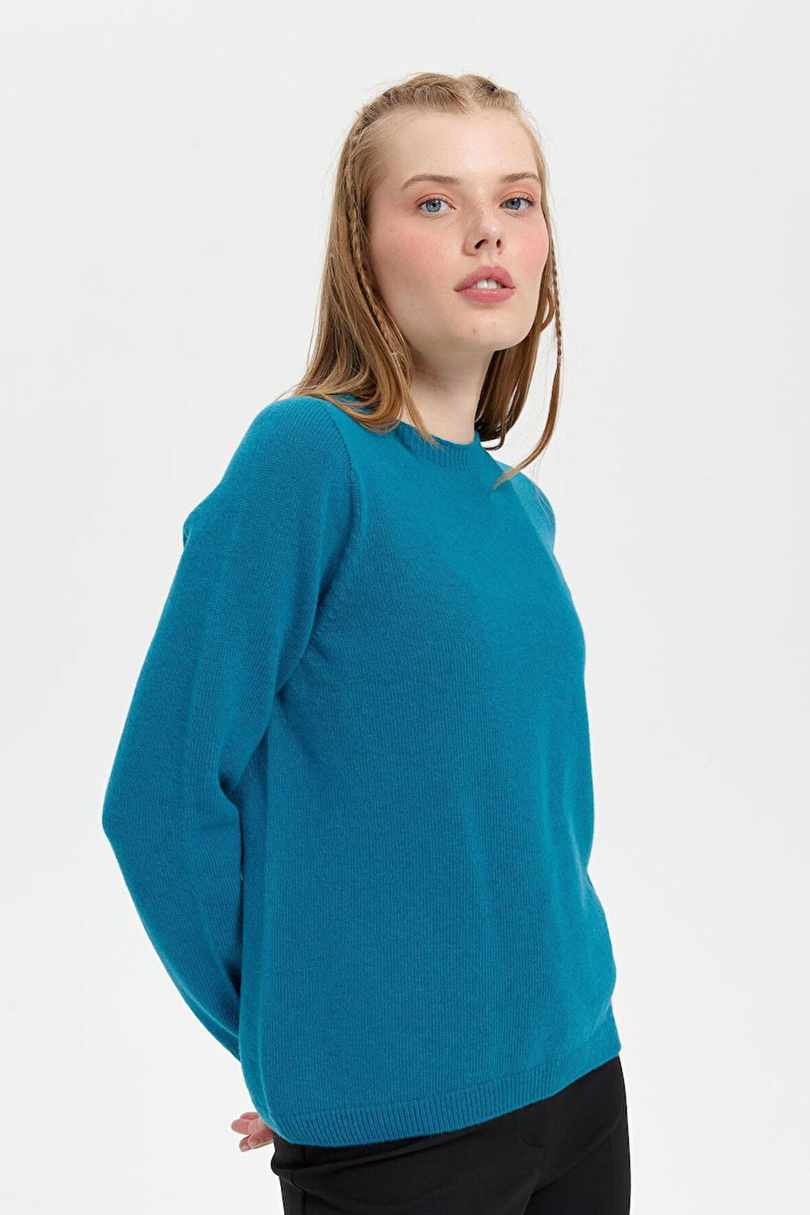 Desen Triko Kadın Sıfır Yaka Klasik Yün Kazak 23163 Petrol