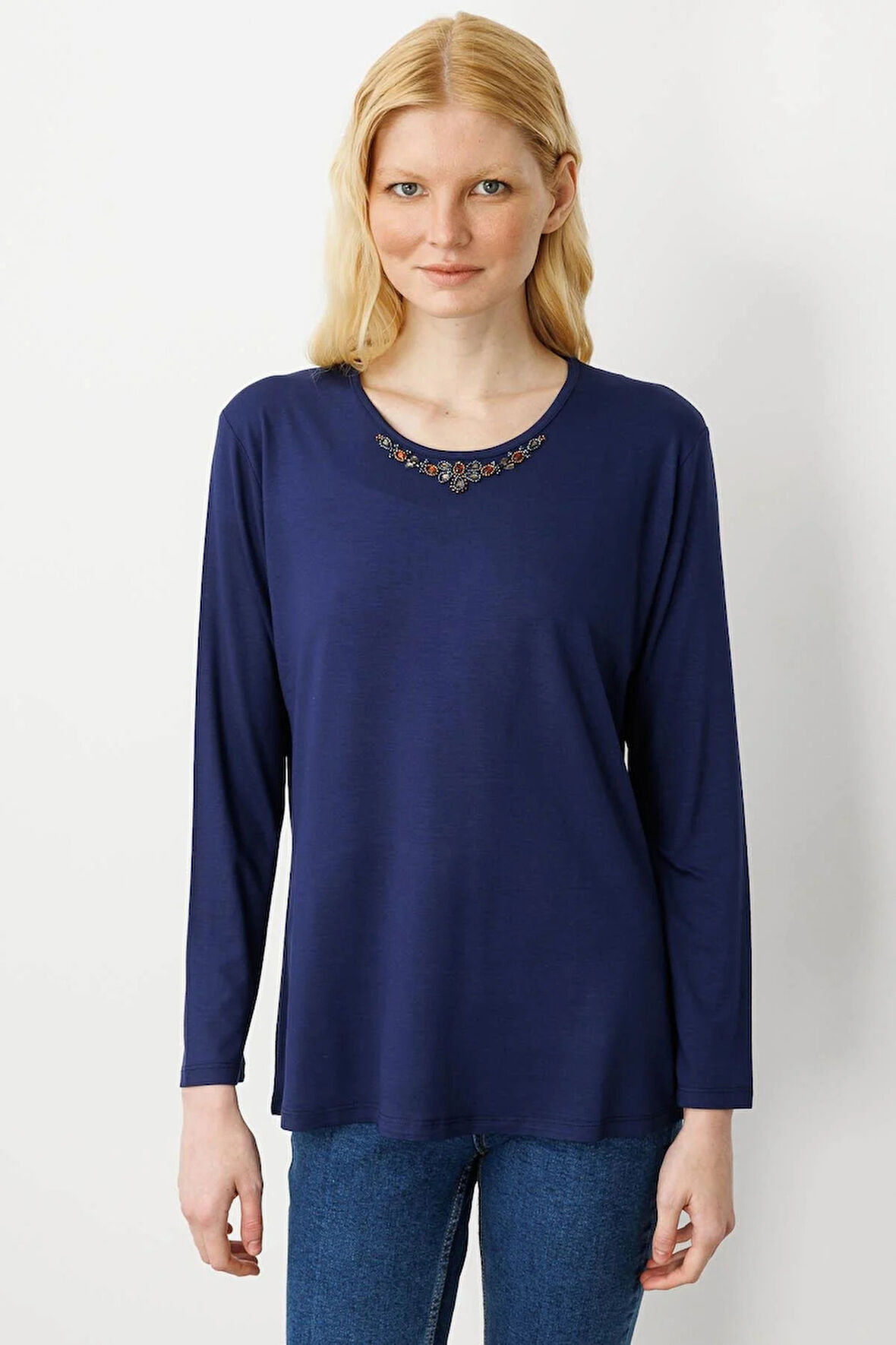 Desen Triko Kadın Sıfır Yaka Boncuk İşlemeli Penye Bluz 25706 Lacivert