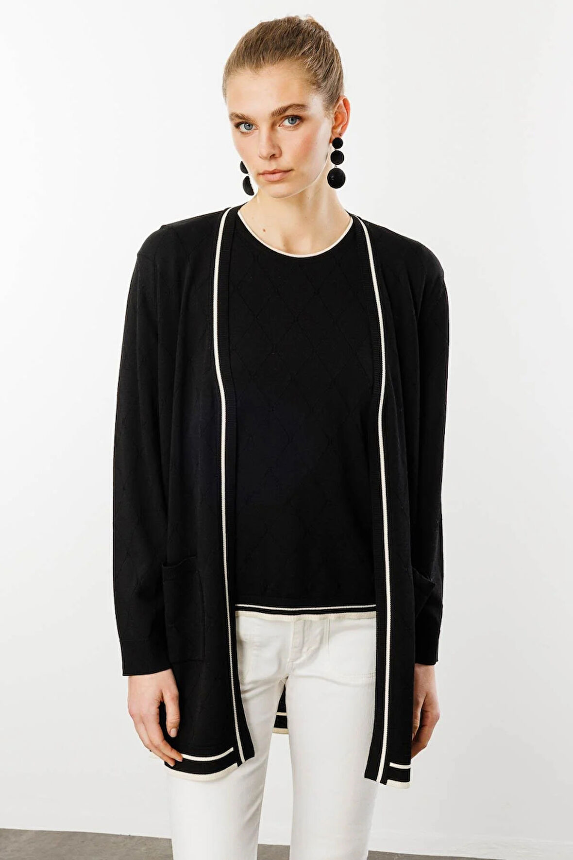 Desen Triko Kadın Sıfır Yaka Baklava Desenli Yazlık Hırka 25357 Siyah