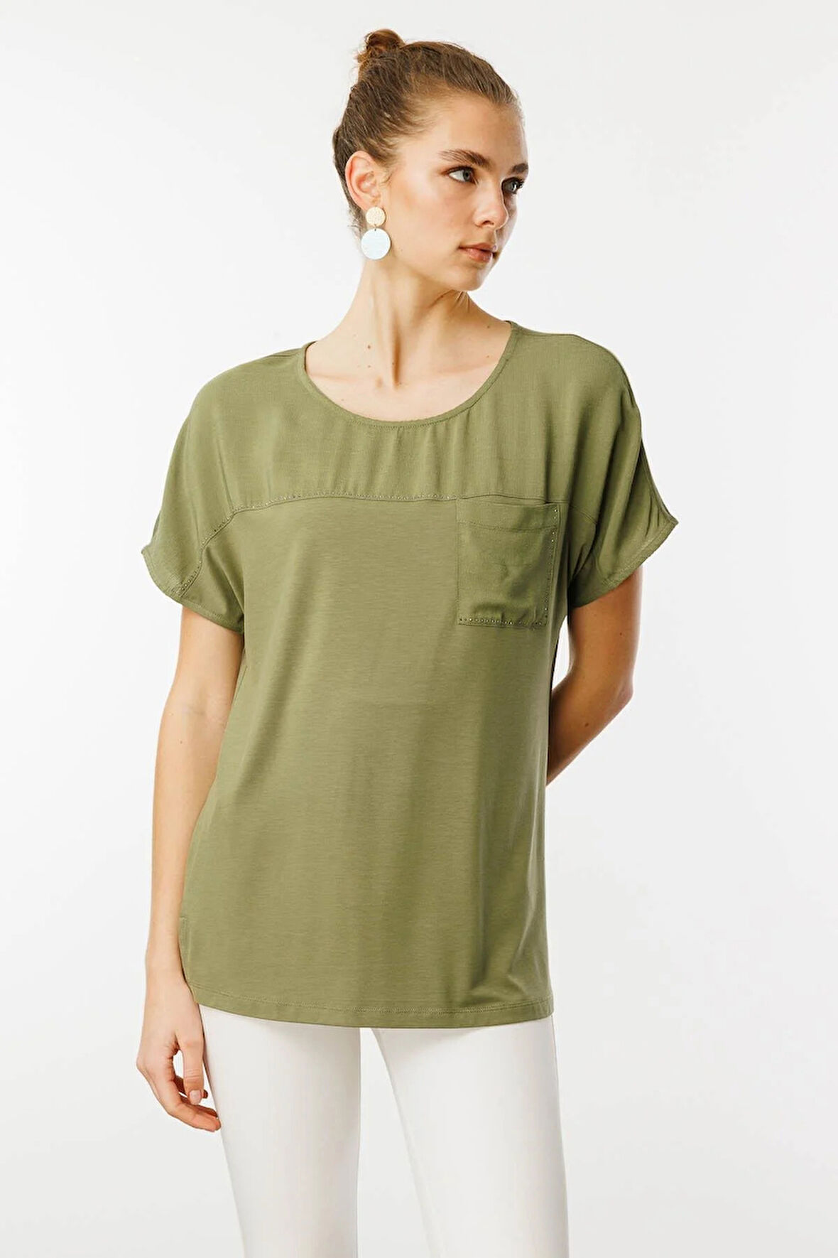 Desen Triko Kadın Sıfır Yaka Önü Cepli Penye T-Shirt 25830 Haki