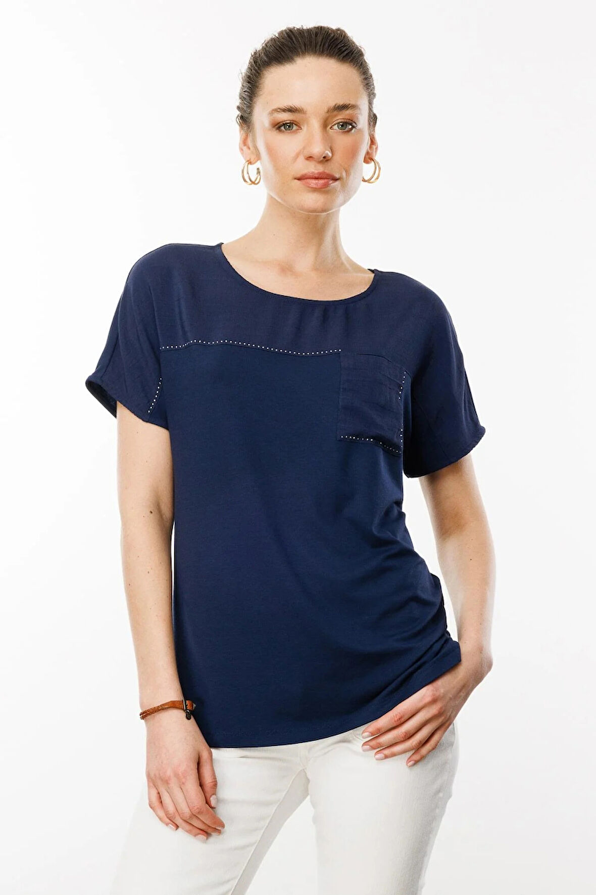 Desen Triko Kadın Sıfır Yaka Önü Cepli Penye T-Shirt 25830 Lacivert
