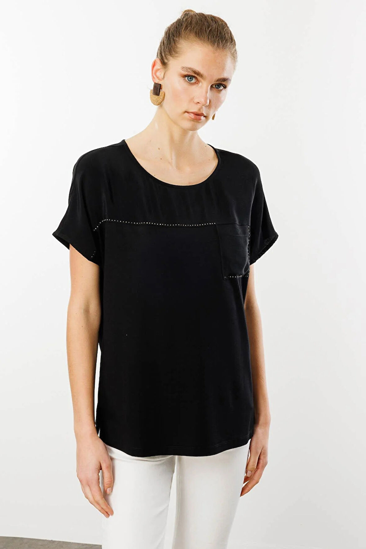 Desen Triko Kadın Sıfır Yaka Önü Cepli Penye T-Shirt 25830 Siyah