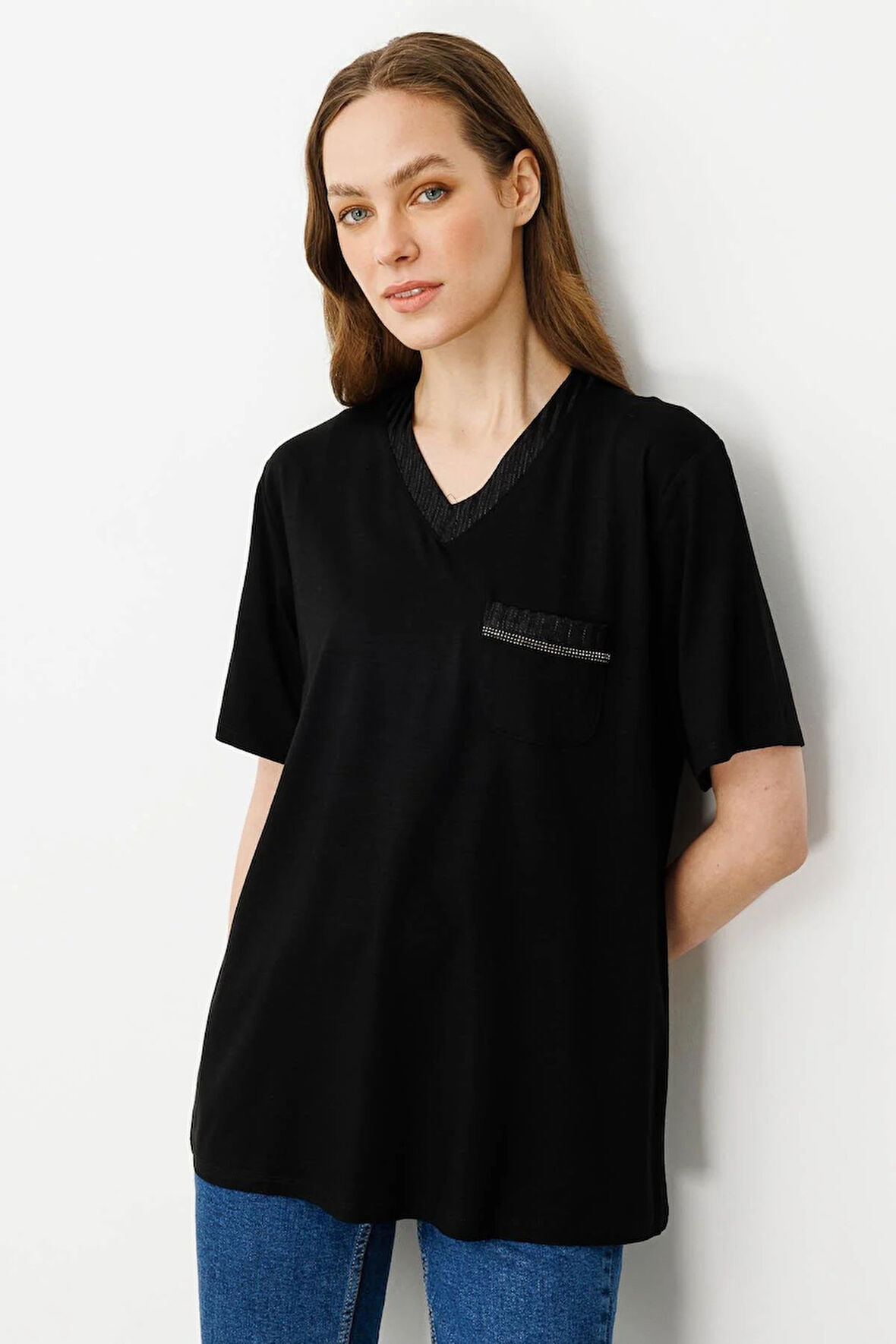 Desen Triko Kadın Sıfır Yaka Cebi ve Yakası Simli Penye T-Shirt 25761 Siyah