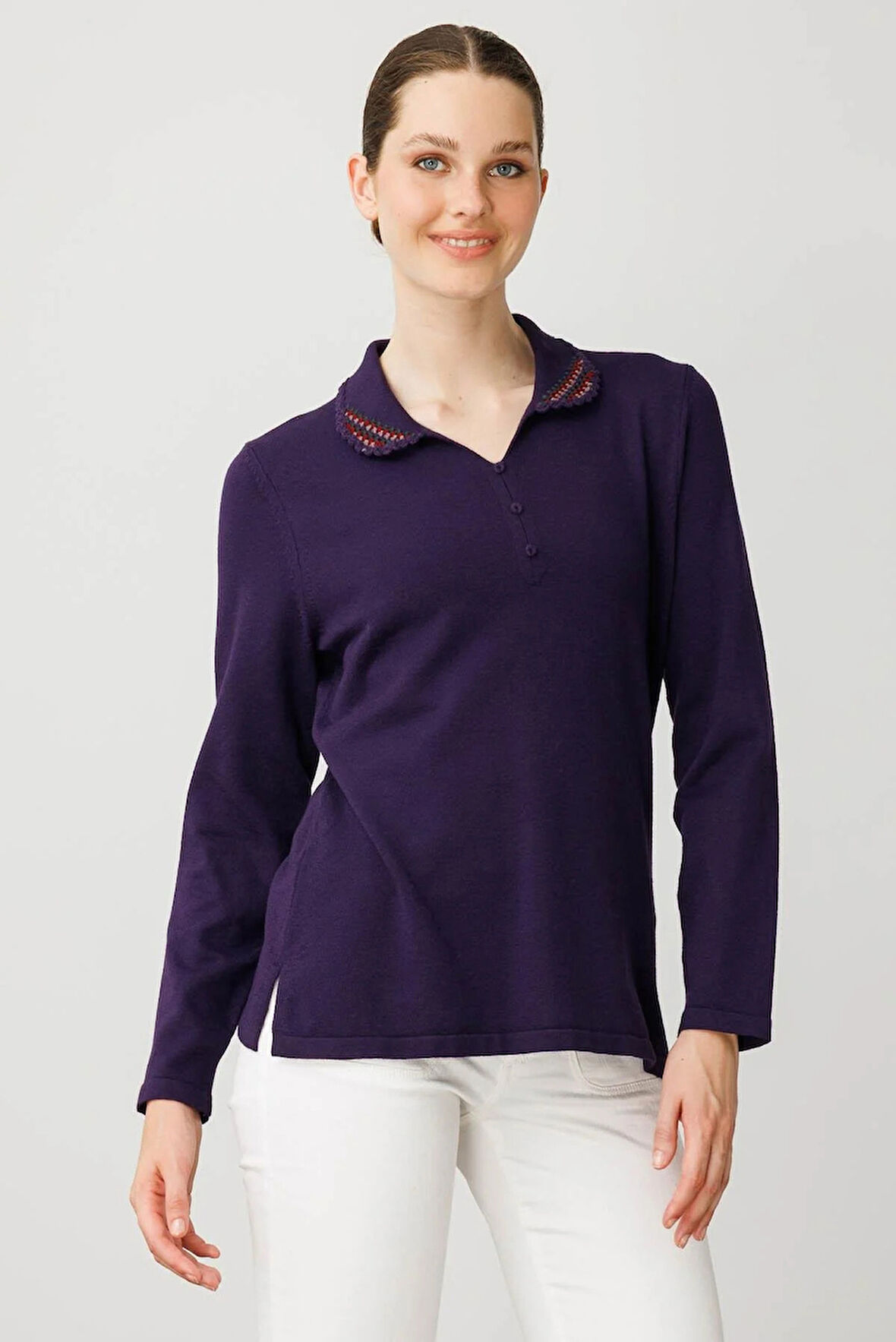 Desen Triko Kadın Polo Yaka Likralı Bluz 25091 K.Mor