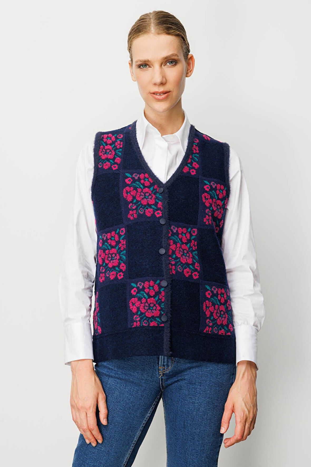 Desen Triko Kadın Pıtırcık Çiçekli Patchwork Keçe Yün Yelek 24084 Sıklamen