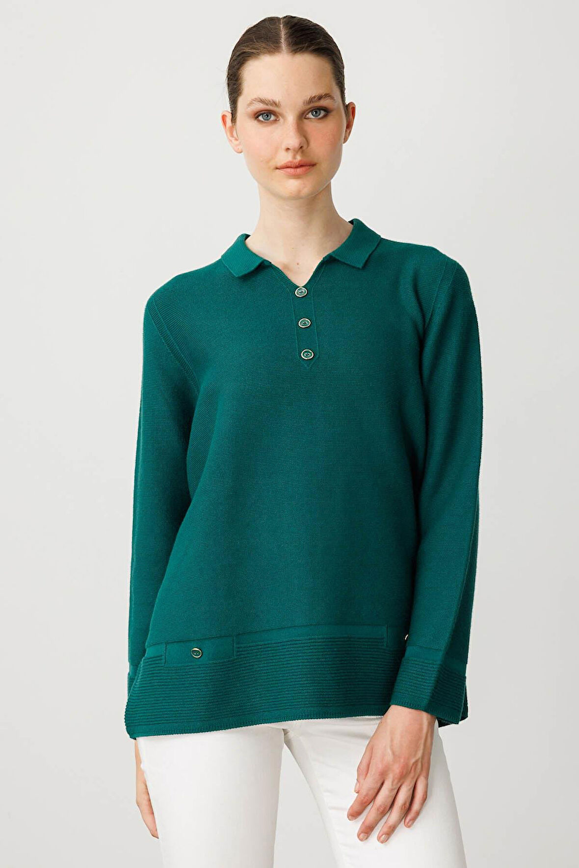 Desen Triko Kadın Polo Yaka Sahte Cepli Bluz 25243 Ö. Başı