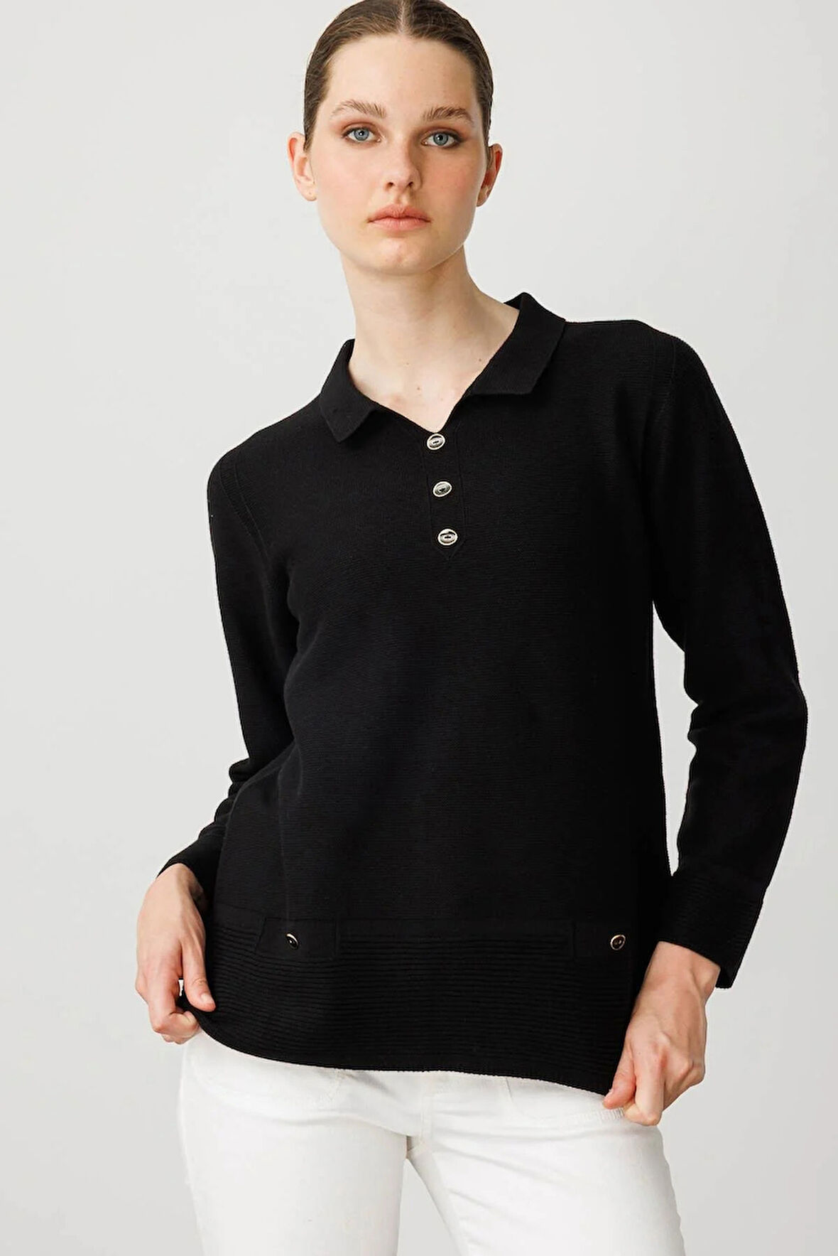 Desen Triko Kadın Polo Yaka Sahte Cepli Bluz 25243 Siyah