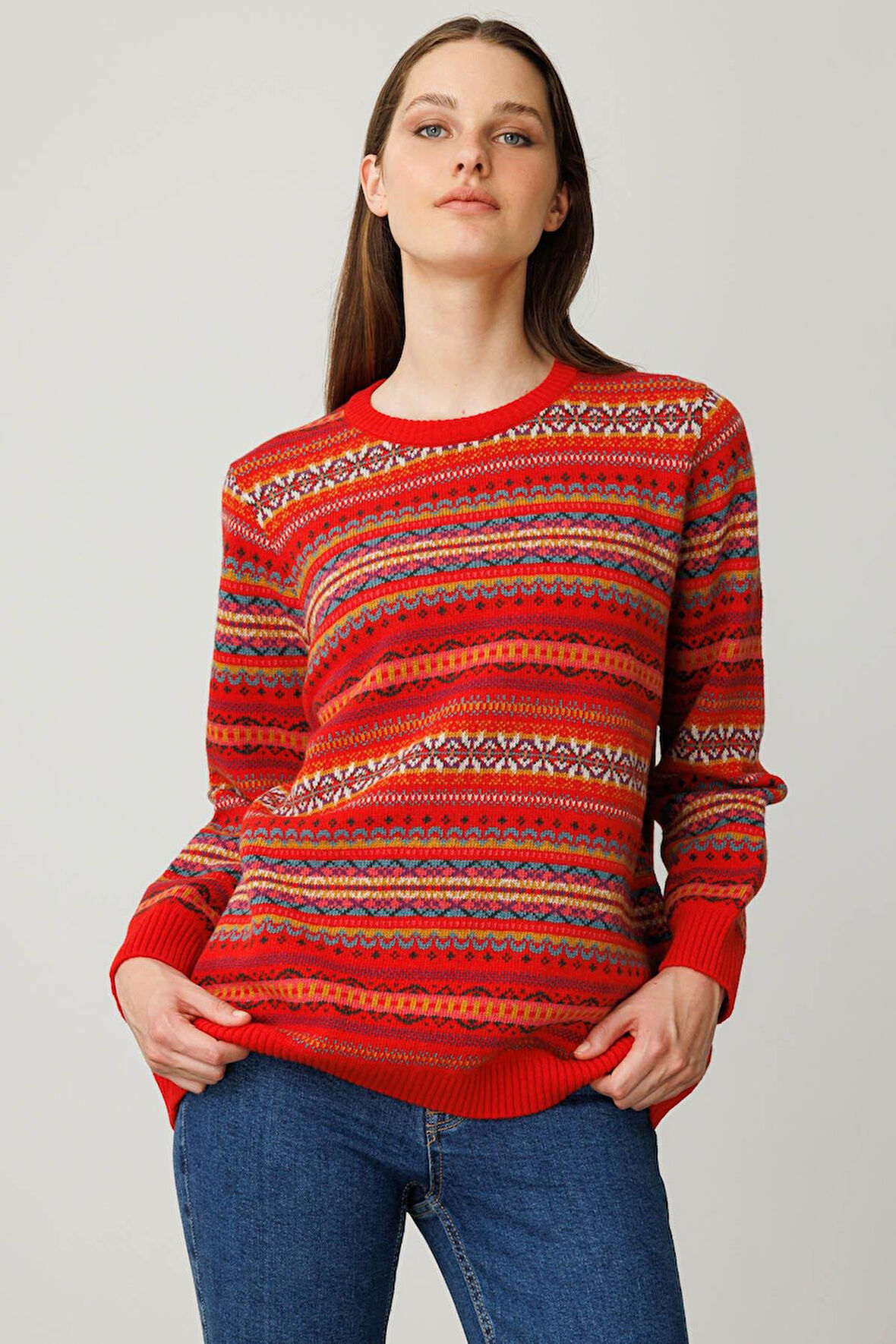 Desen Triko Kadın Sıfır Yaka Komple Jakarlı Yün Kazak 25100 Mercan