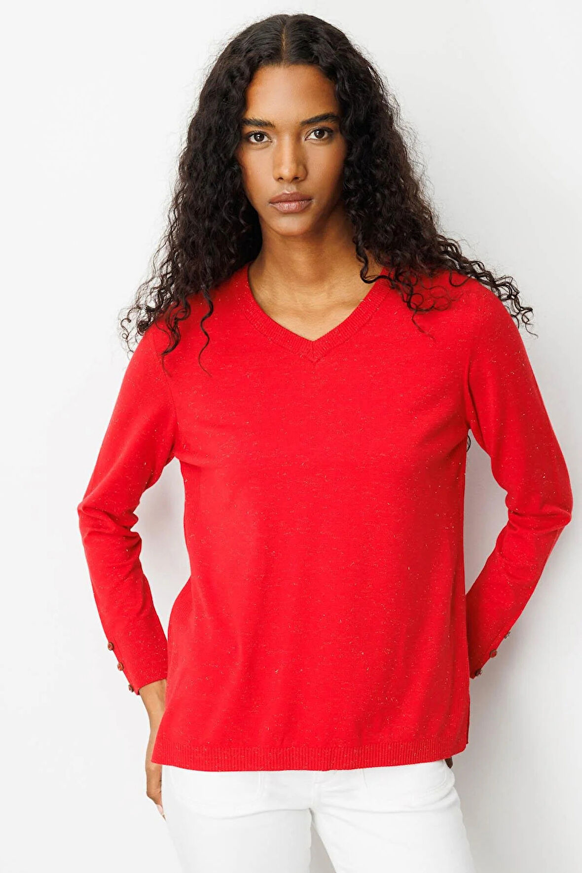Desen Triko Kadın V Yaka Kolları Düğmeli Simli Bluz 23393 Açık Kırmızı