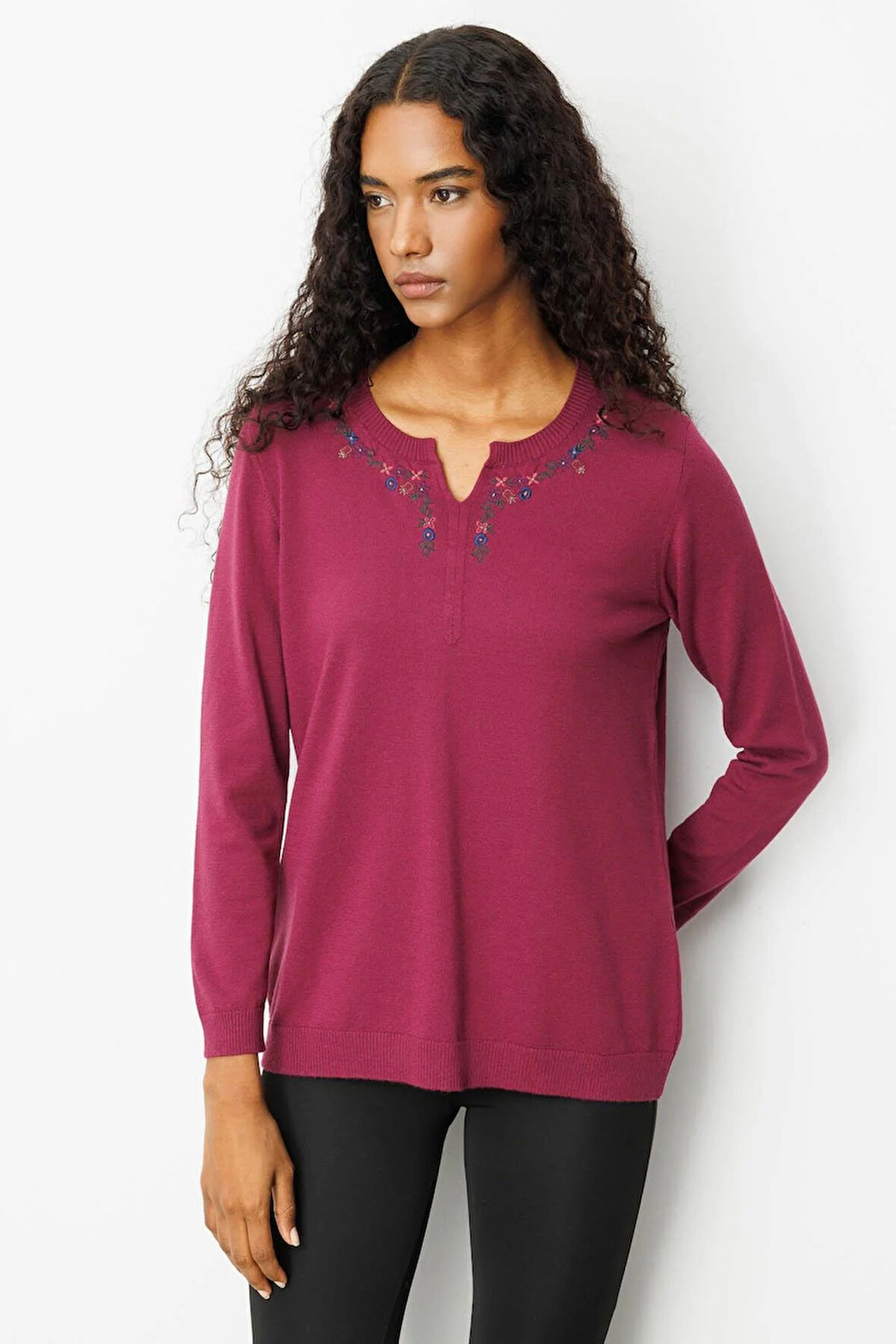 Desen Triko Kadın Sıfır Yaka Yakası Çiçek Nakış İşlemeli Bluz 25094 Mürdüm