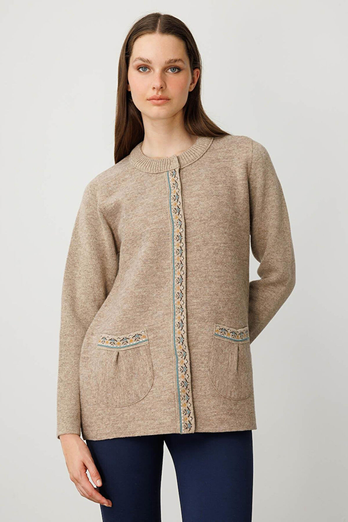 Desen Triko Kadın Sıfır Yaka Önü Keçe Kısa Yün Ceket 25018 K. Bej