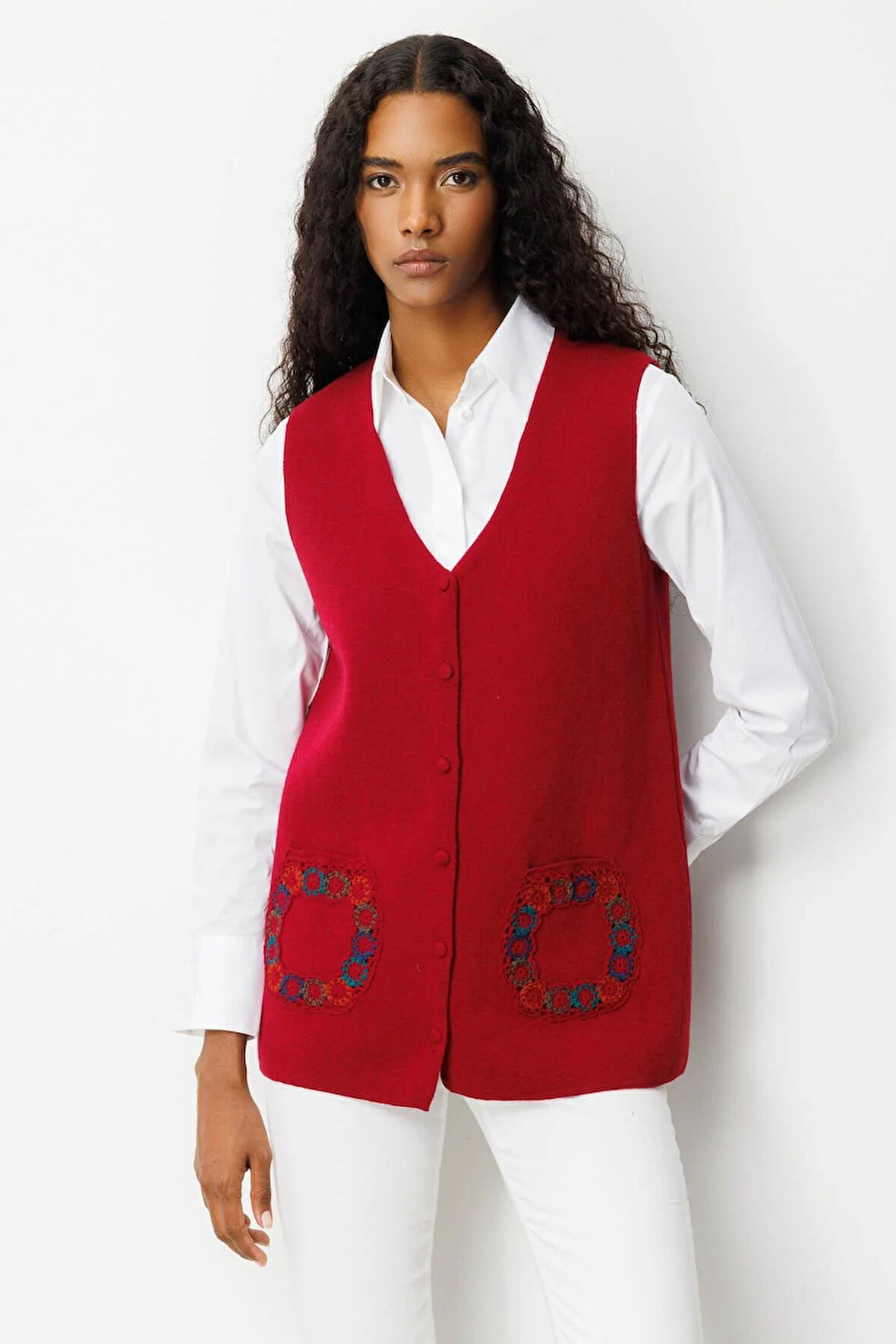 Desen Triko Kadın V Yaka Cebi Tığlamalı Yün Yelek 25020 Vişne Çürüğü