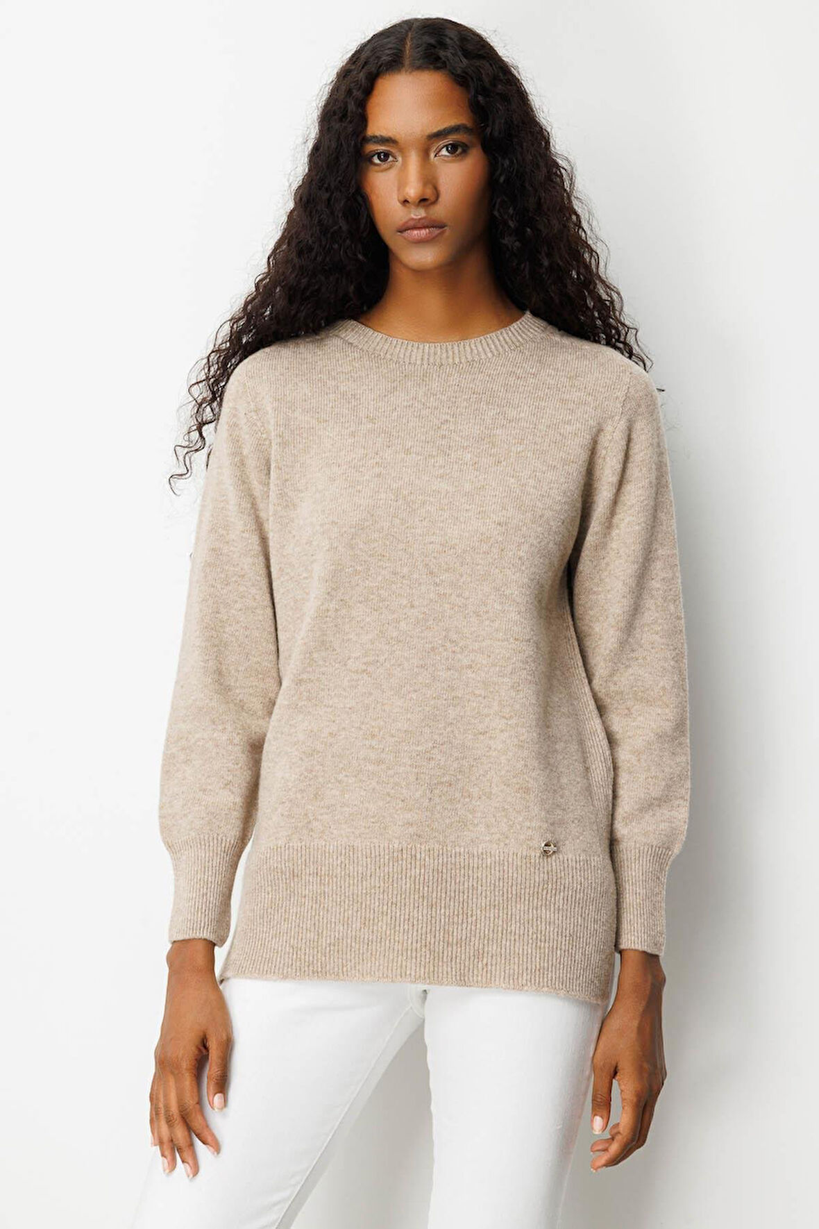 Desen Triko Kadın Sıfır Yaka Yanı Yırtmaçlı Yün Kazak 25214 K. Bej