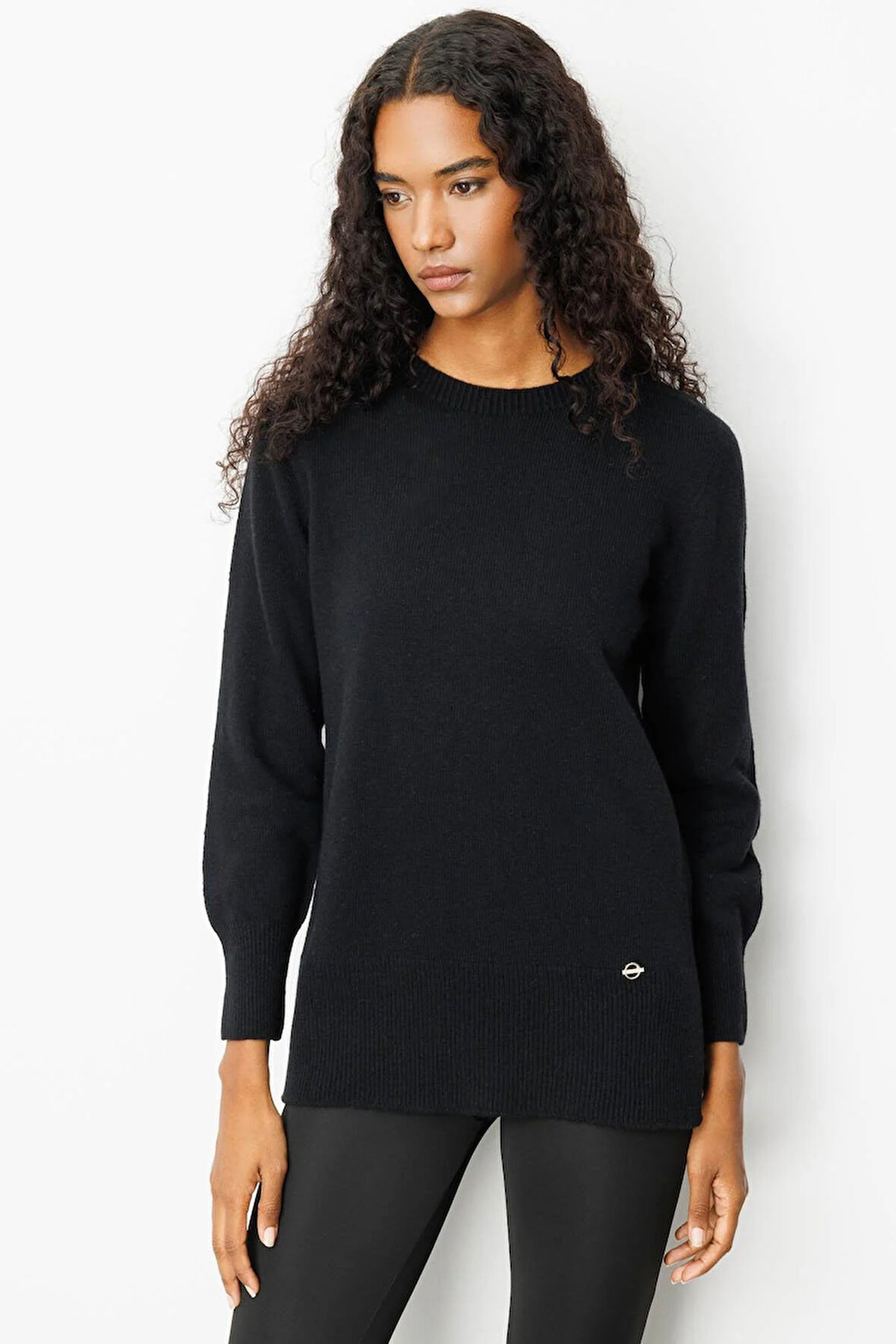 Desen Triko Kadın Sıfır Yaka Yanı Yırtmaçlı Yün Kazak 25214 Siyah