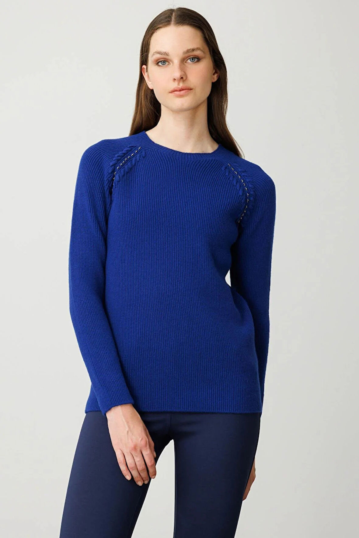 Desen Triko Kadın Sıfır Yaka Boncuklu Yün Kazak 25206 K.S. Mavi