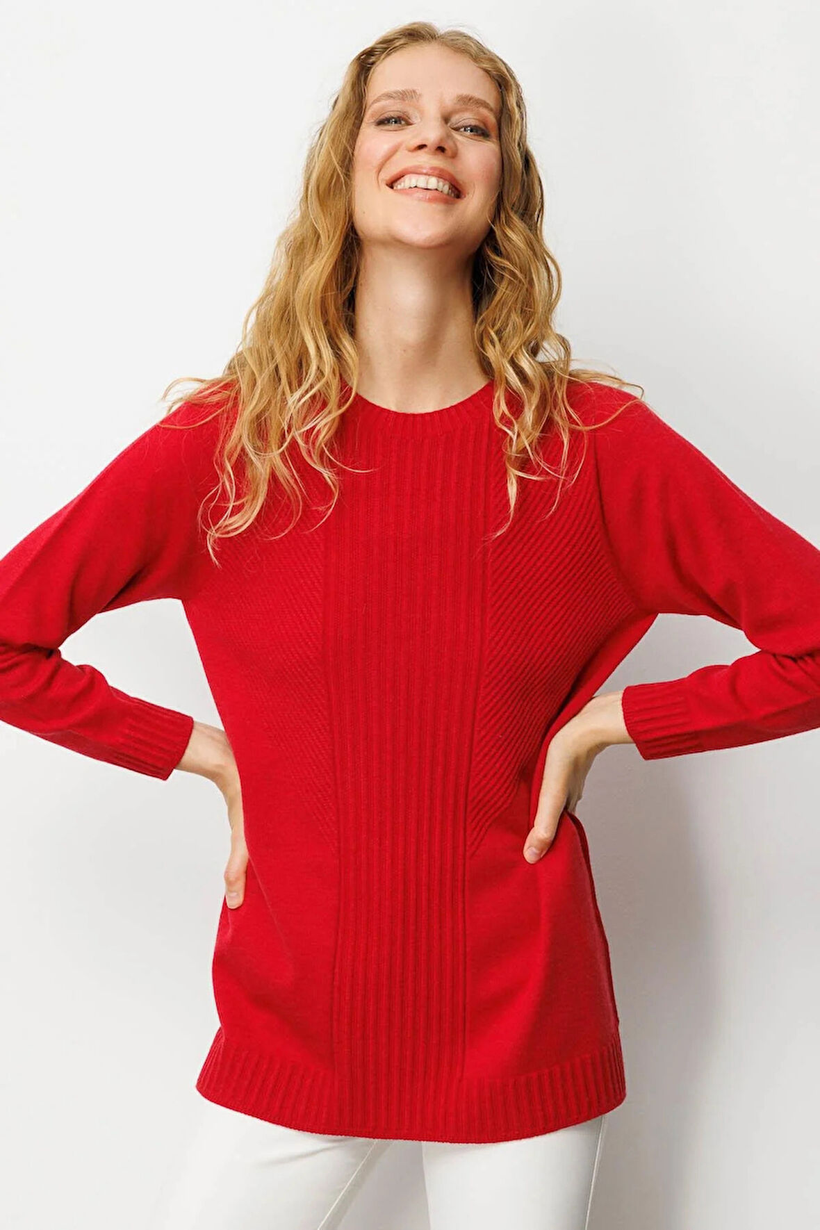 Desen Triko Kadın Sıfır Yaka Önü Çizgili Örgü Kazak 25250 K.Kırmızı