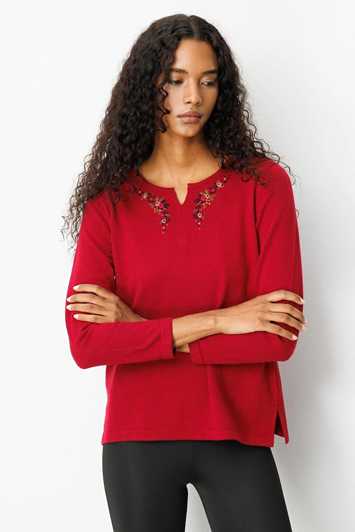 Desen Triko Kadın Sıfır Yaka Yaka Kenarı İşlemeli Yün Bluz 25036 Vişne Çürüğü