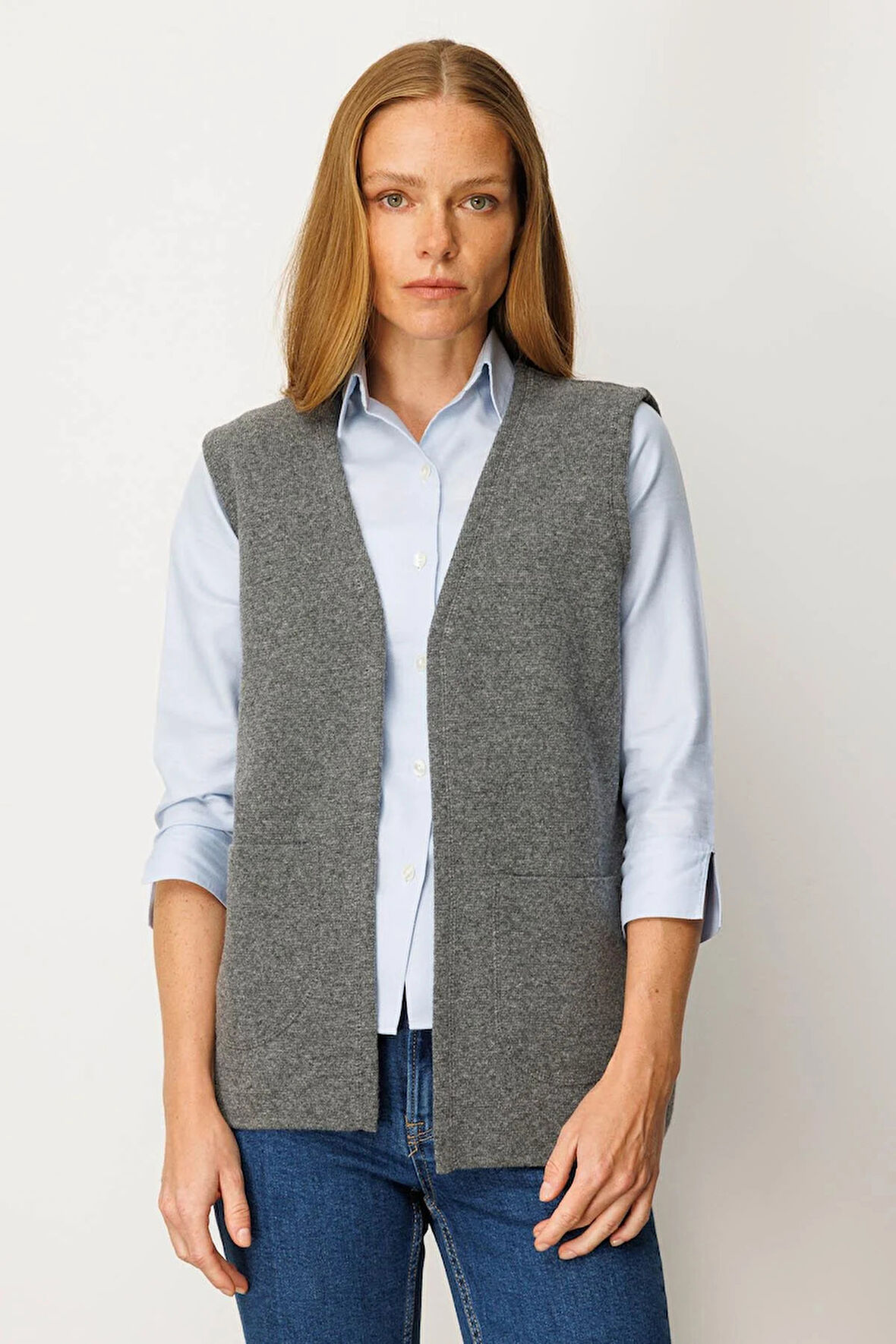 Desen Triko Kadın V Yaka Çelik Örgü Yün Anne Yelek 25044 Füme