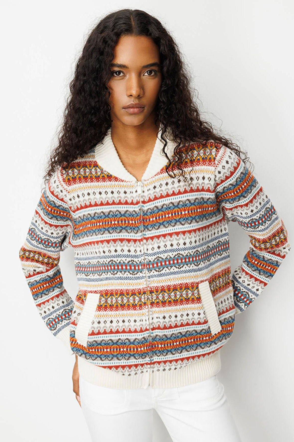 Desen Triko Kadın Hakim Yaka Jakarlı Yün Hırka 25102 Kemik