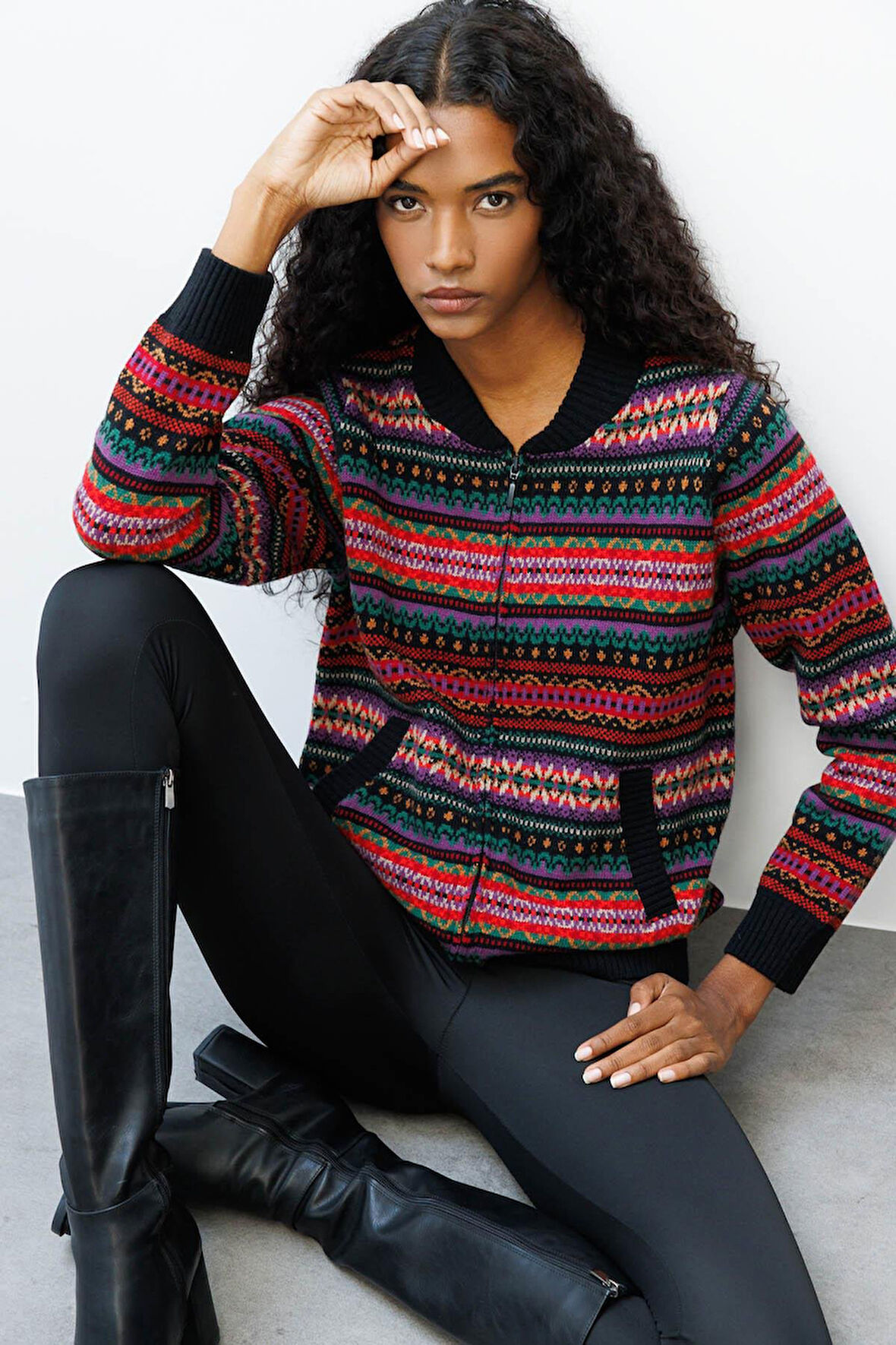 Desen Triko Kadın Hakim Yaka Jakarlı Yün Hırka 25102 Siyah