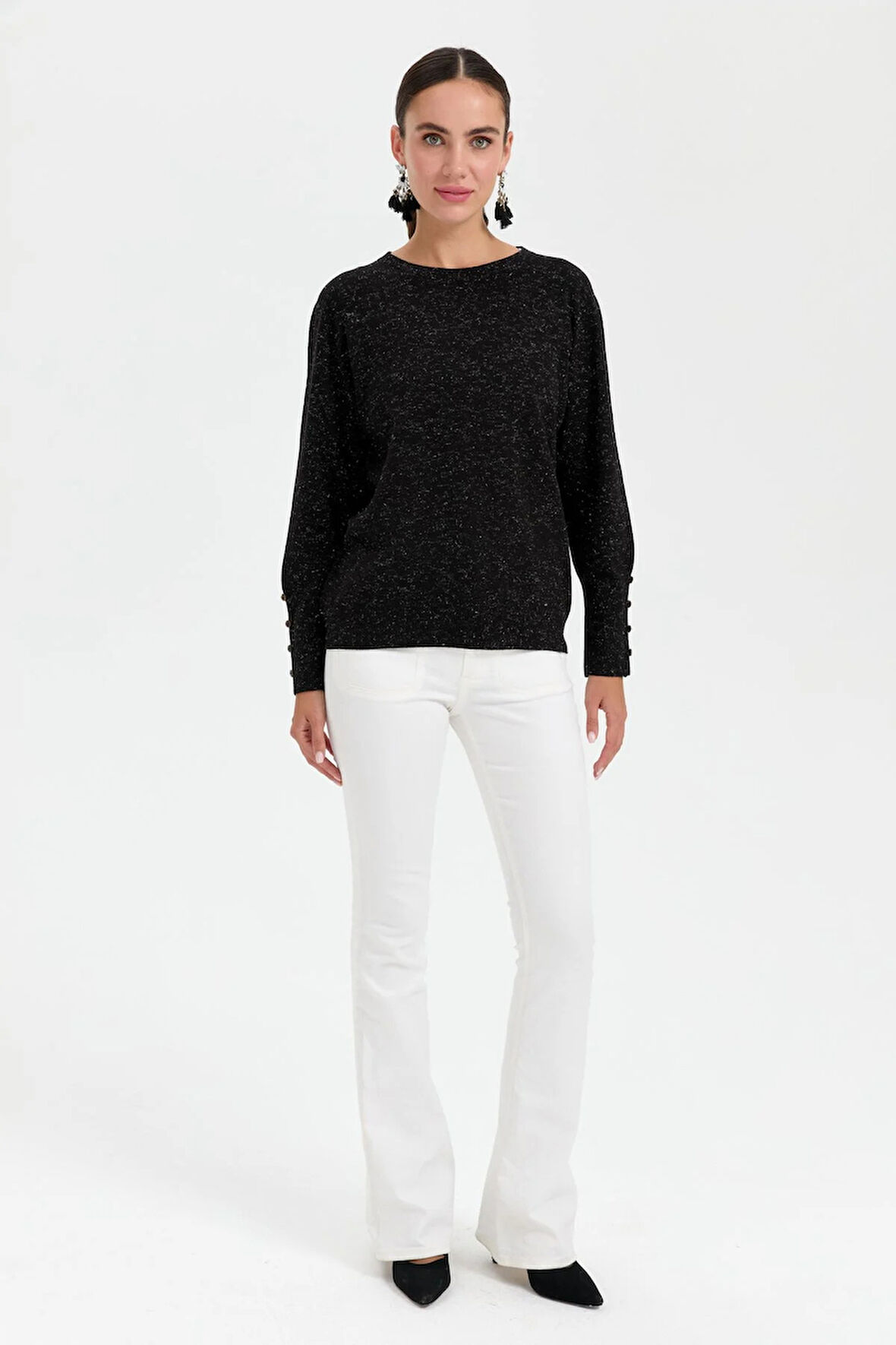 Desen Triko Kadın Sıfır Yaka Önü Kısa Arkası Uzun Bluz 23331 Siyah