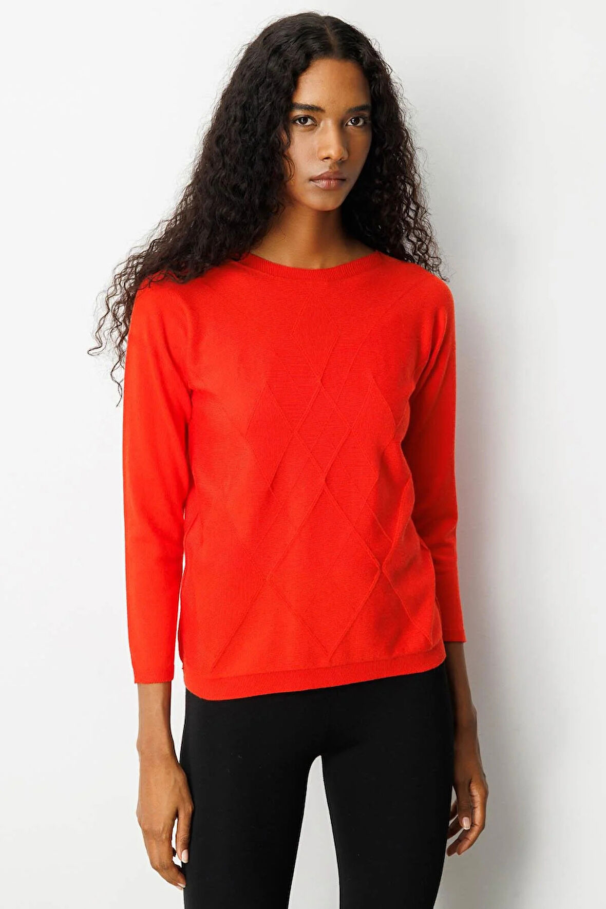 Desen Triko Kadın Önü Baklavalı Yan Örgü Kazak 25254 Mercan