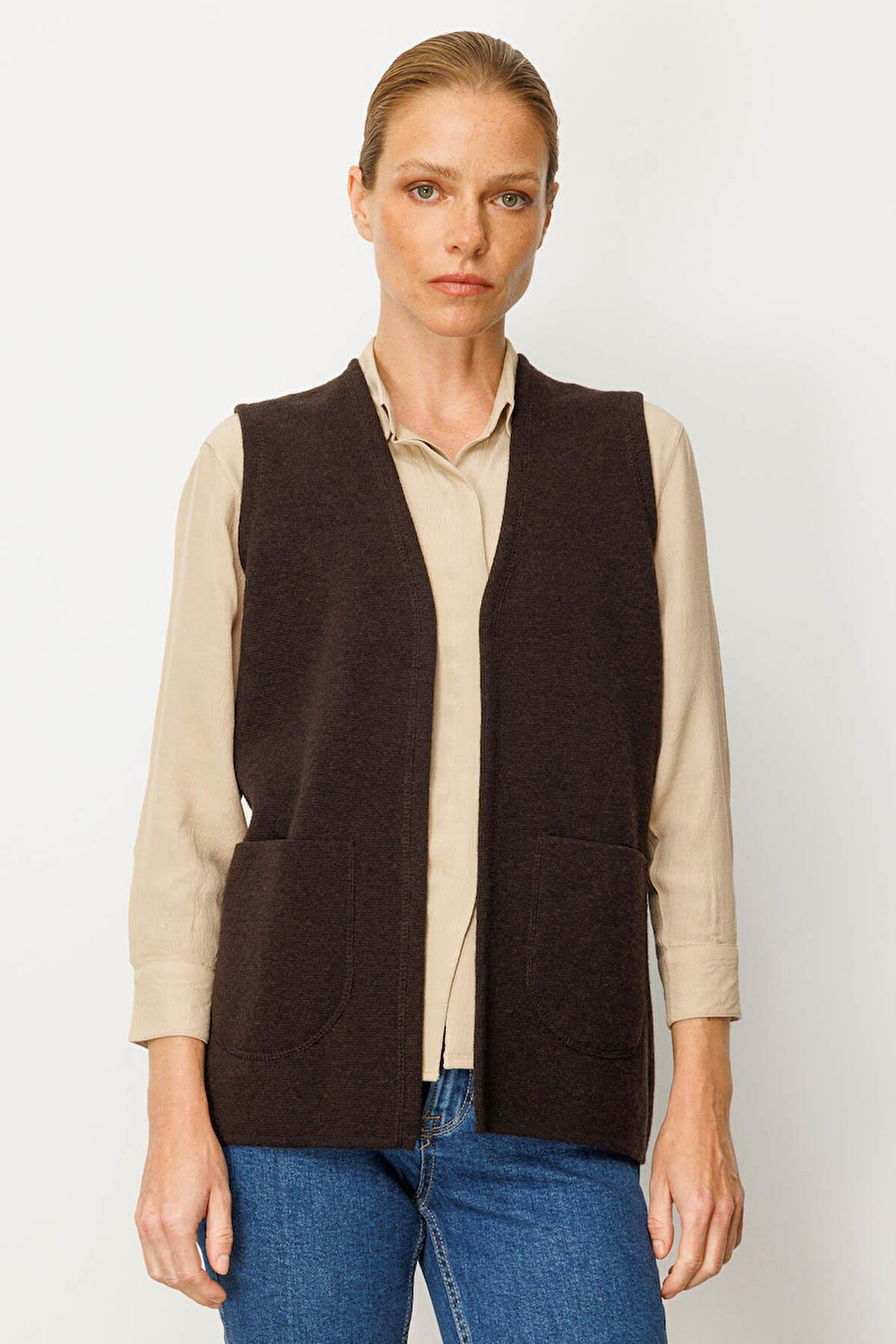 Desen Triko Kadın V Yaka Çelik Örgü Yün Anne Yelek 25044 Koyu Kahve