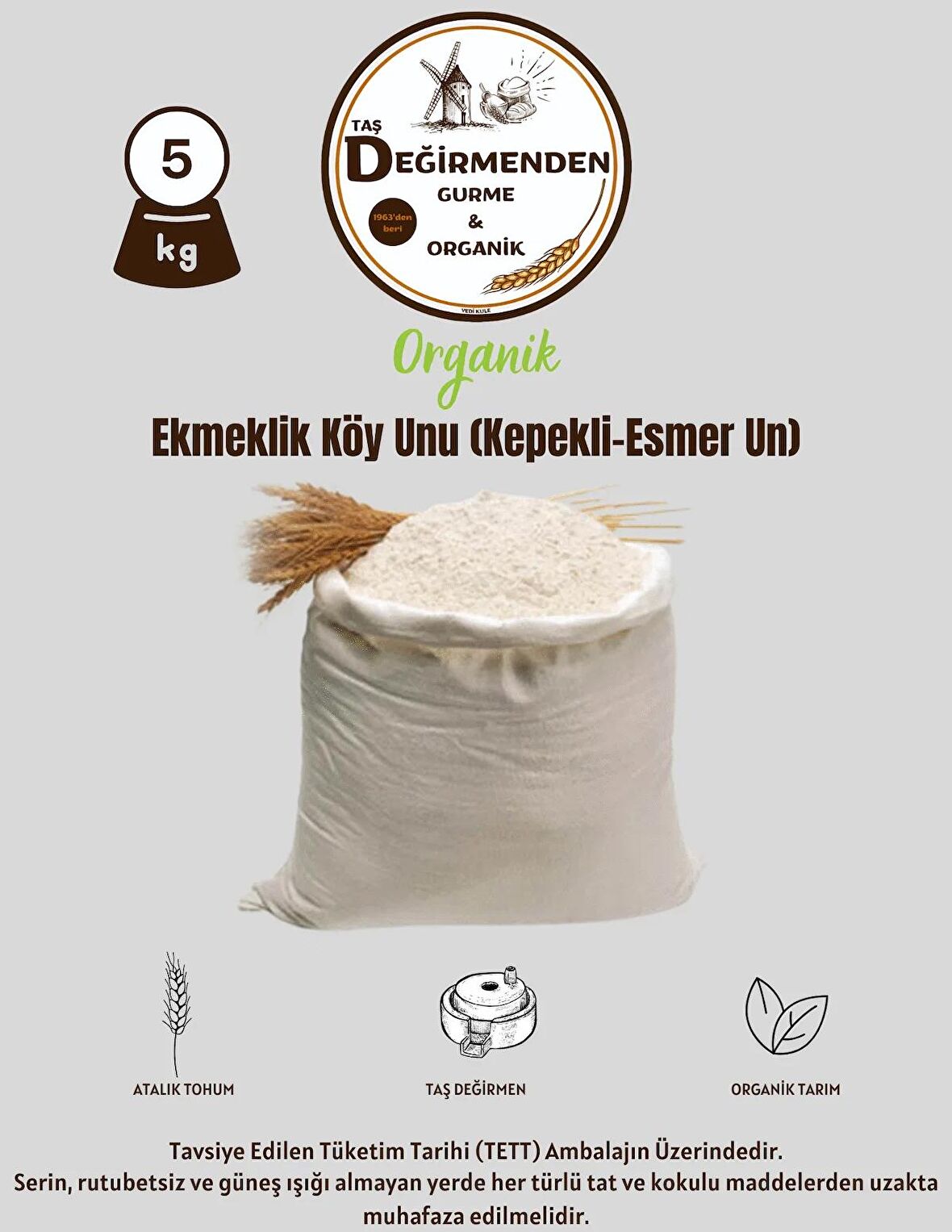 Organik Atalık Ekmeklik Köy Unu - (Kepekli-Esmer Un) - 5 Kilo