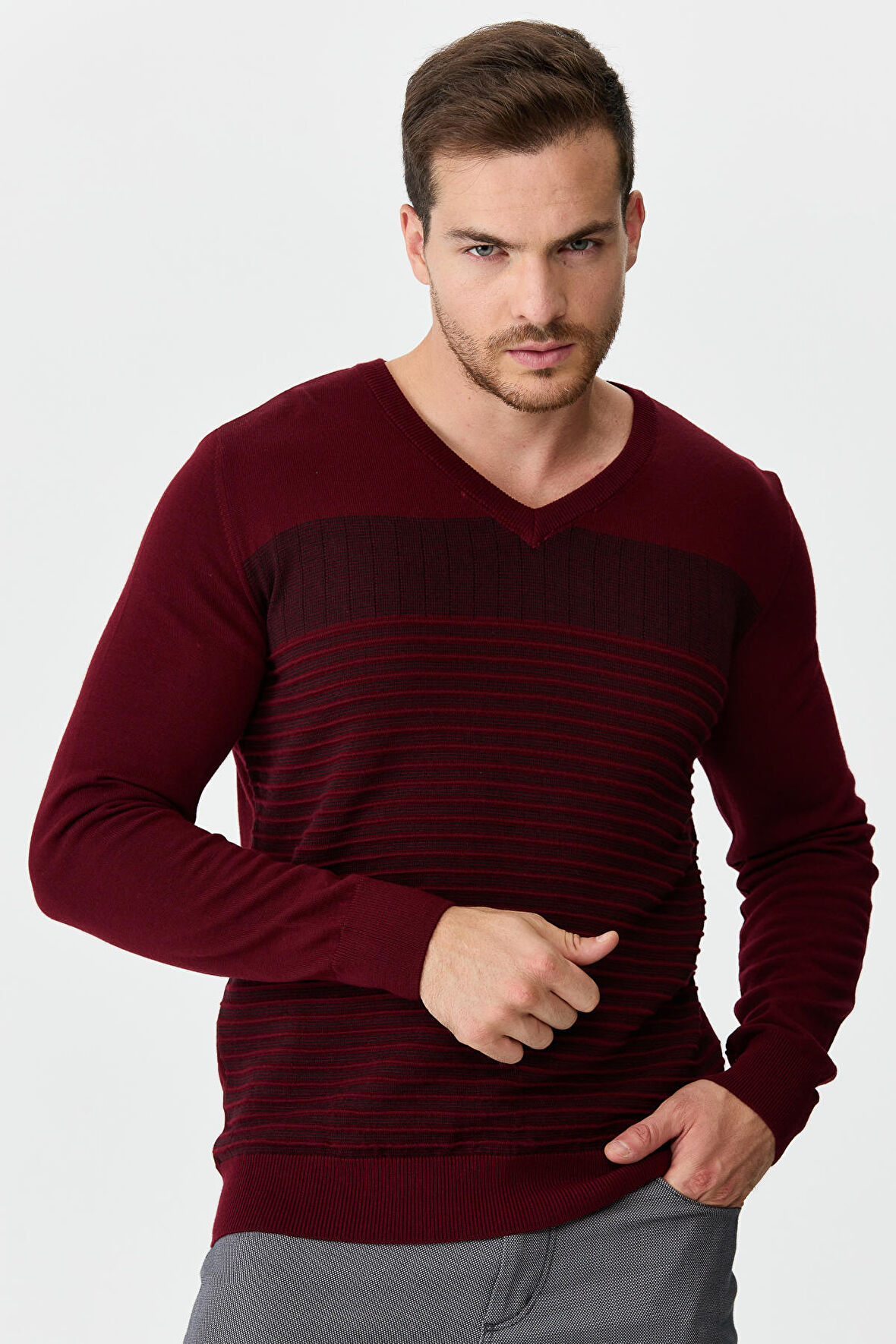 Desen Triko Erkek Desenli V Yaka Yün Kazak 0249640 Bordo