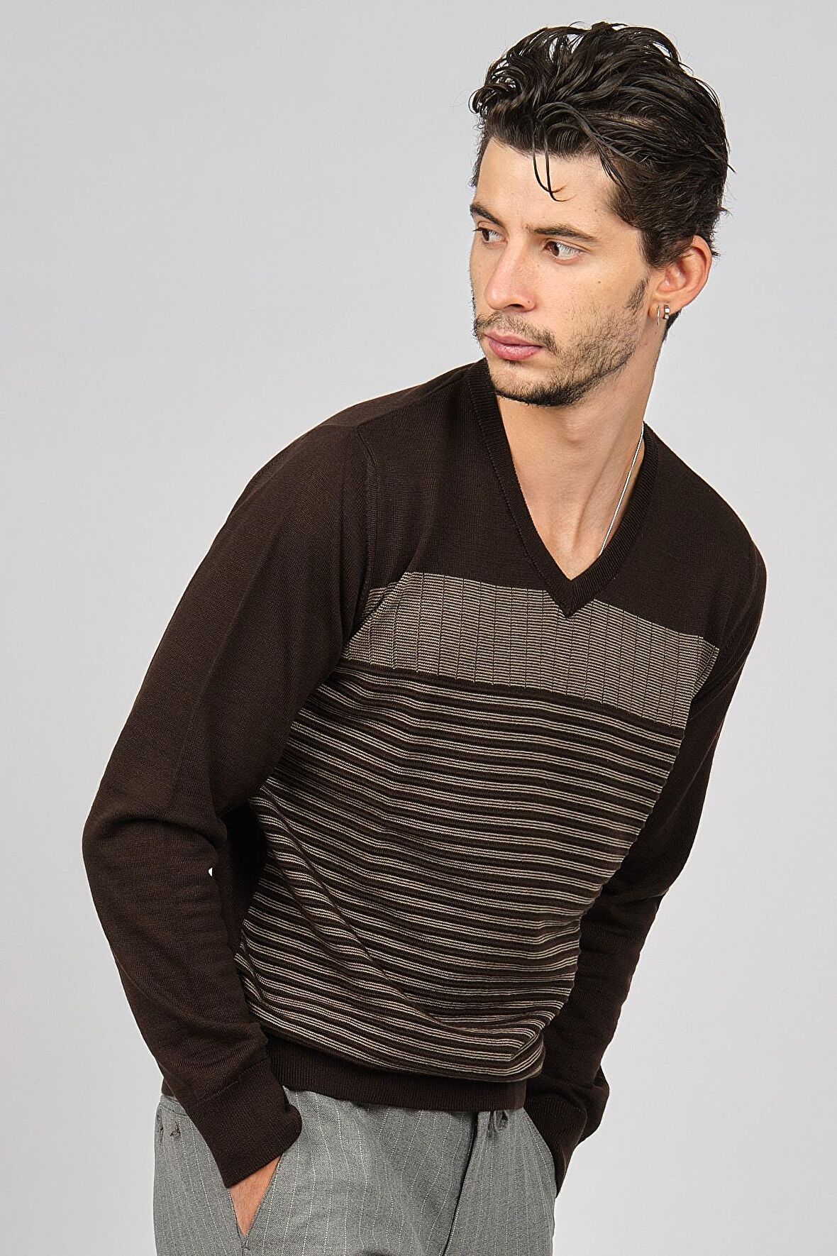 Desen Triko Erkek Desenli V Yaka Yün Kazak 0249640 Kahverengi