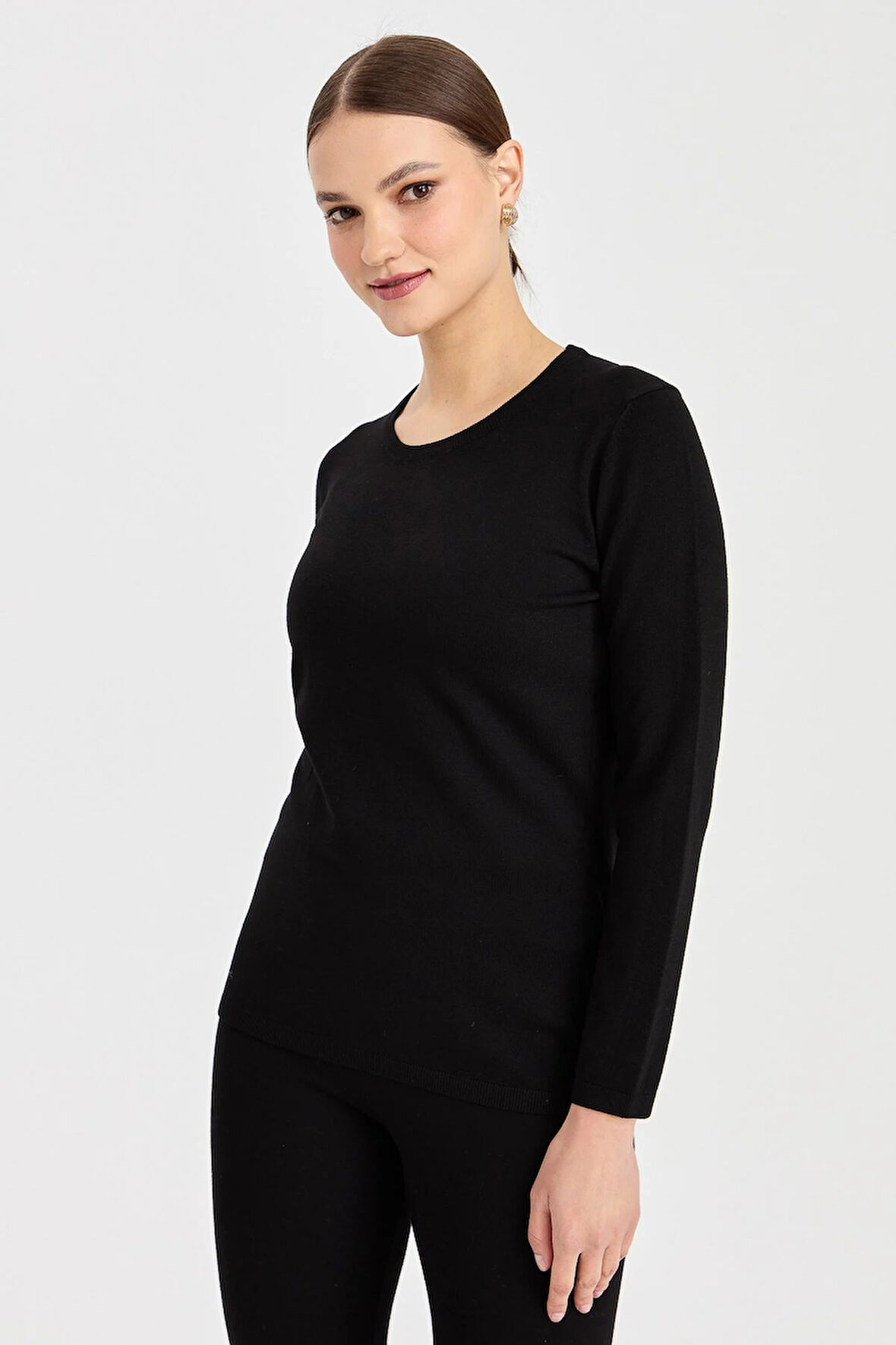 Desen Triko Kadın Likralı Uzun Kol Basic Sıfır Yaka Bluz 0240015 Siyah