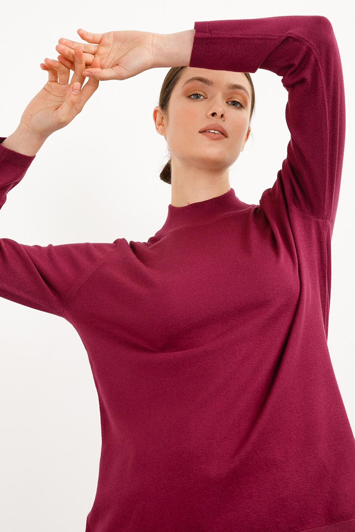 Desen Triko Kadın Likralı Uzun Kol Basic Yarım Balıkçı Bluz 0240016 Mürdüm