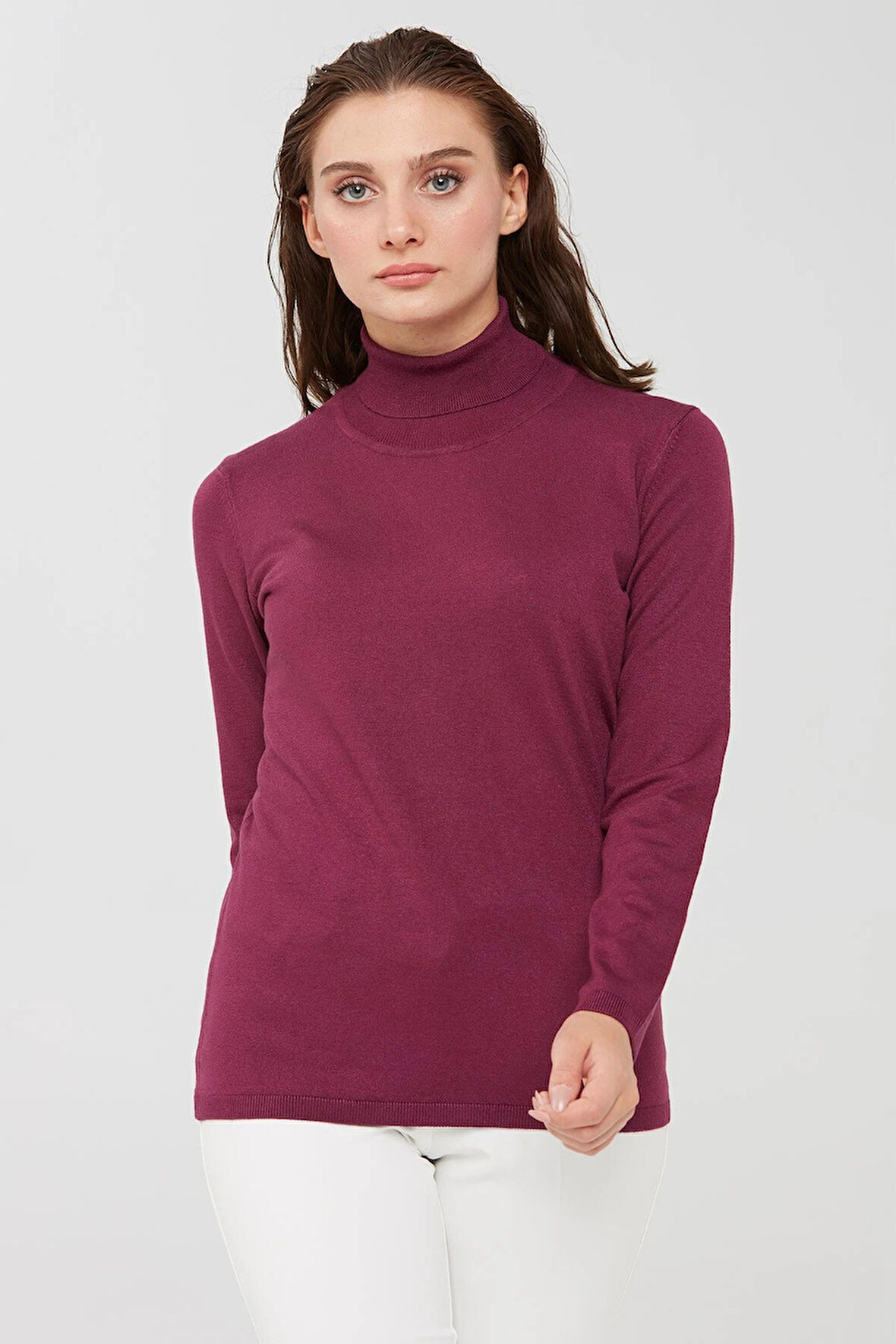 Desen Triko Kadın Likralı Uzun Kollu Basic Tam Balıkçı Bluz 20017 Mürdüm