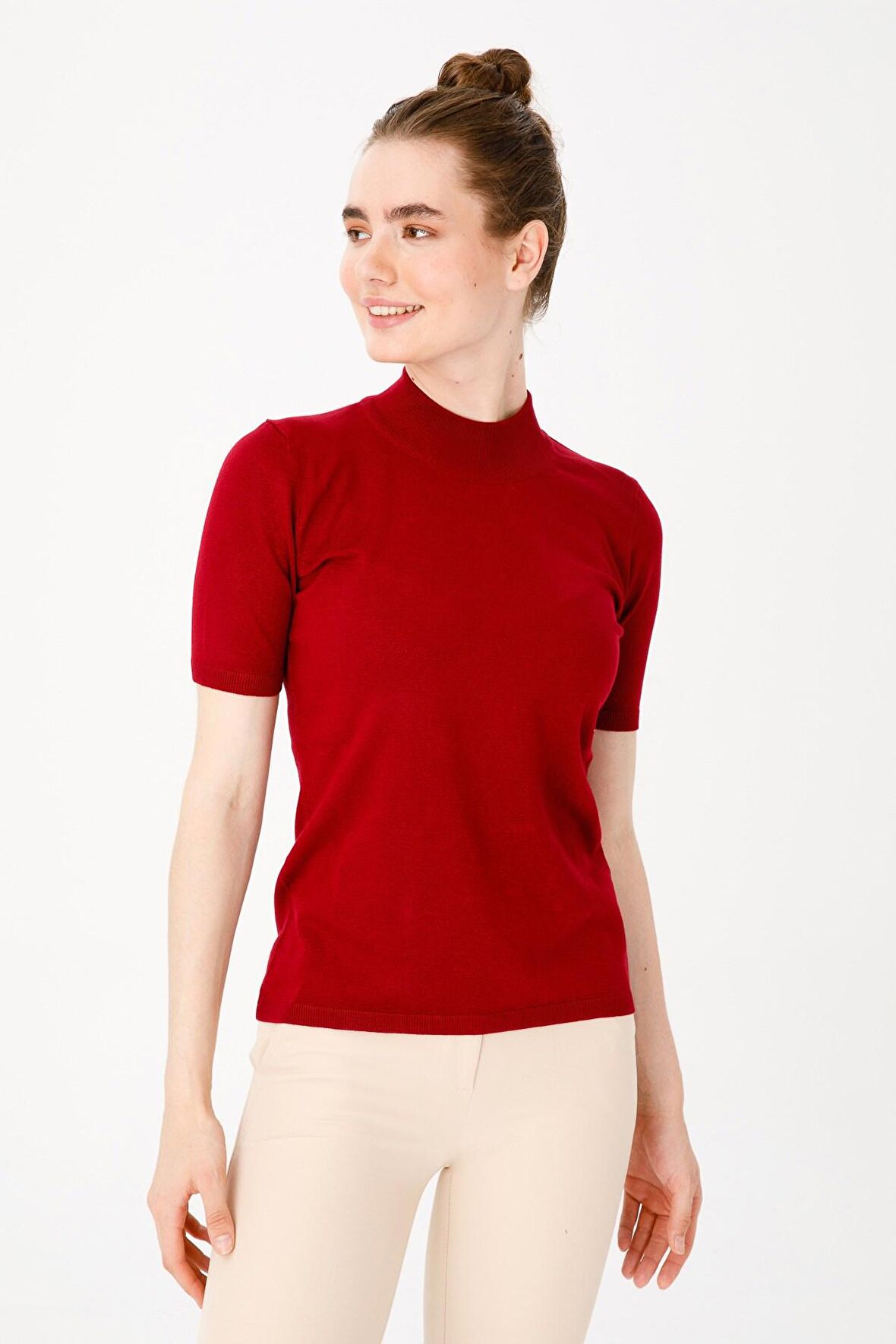 Desen Triko Kadın Yarım Balıkçı Bluz 02420345 Vişne