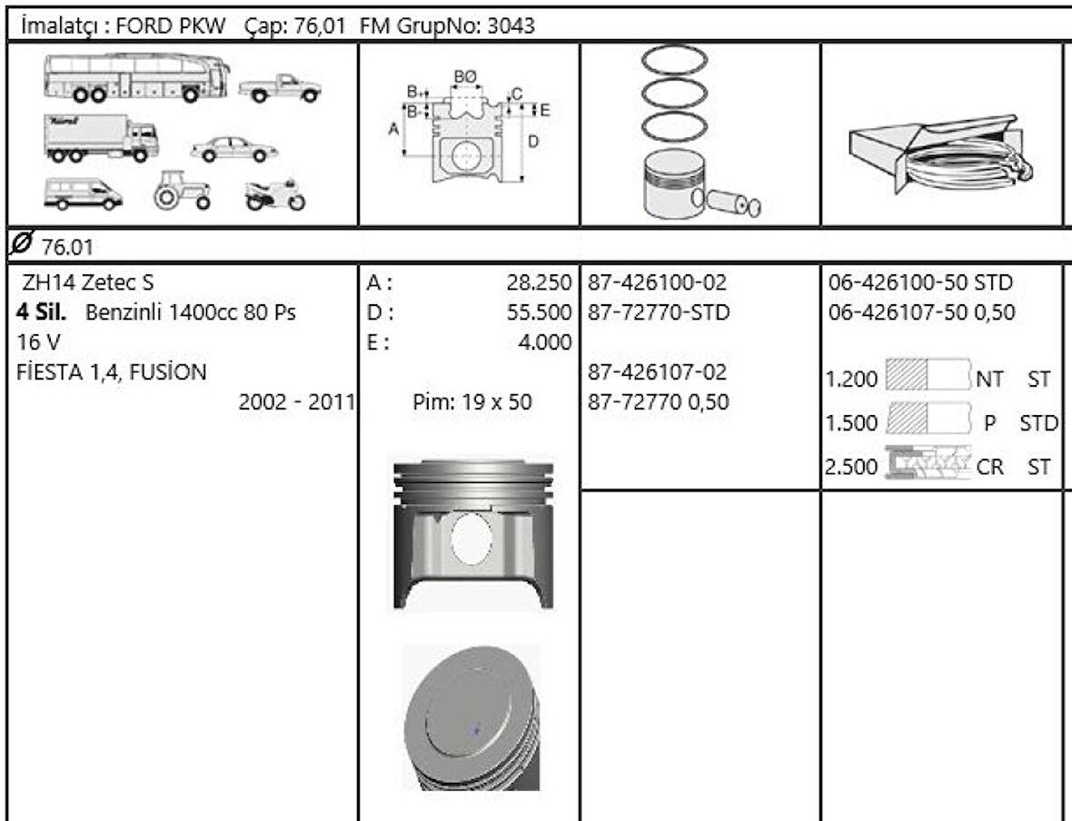 Ford Motor Piston Segman (std) / (76,01mm) Fiesta Fusıon 1,4 Zetec S 16v Zh14 02>11 - Yenmak 36-04953-000