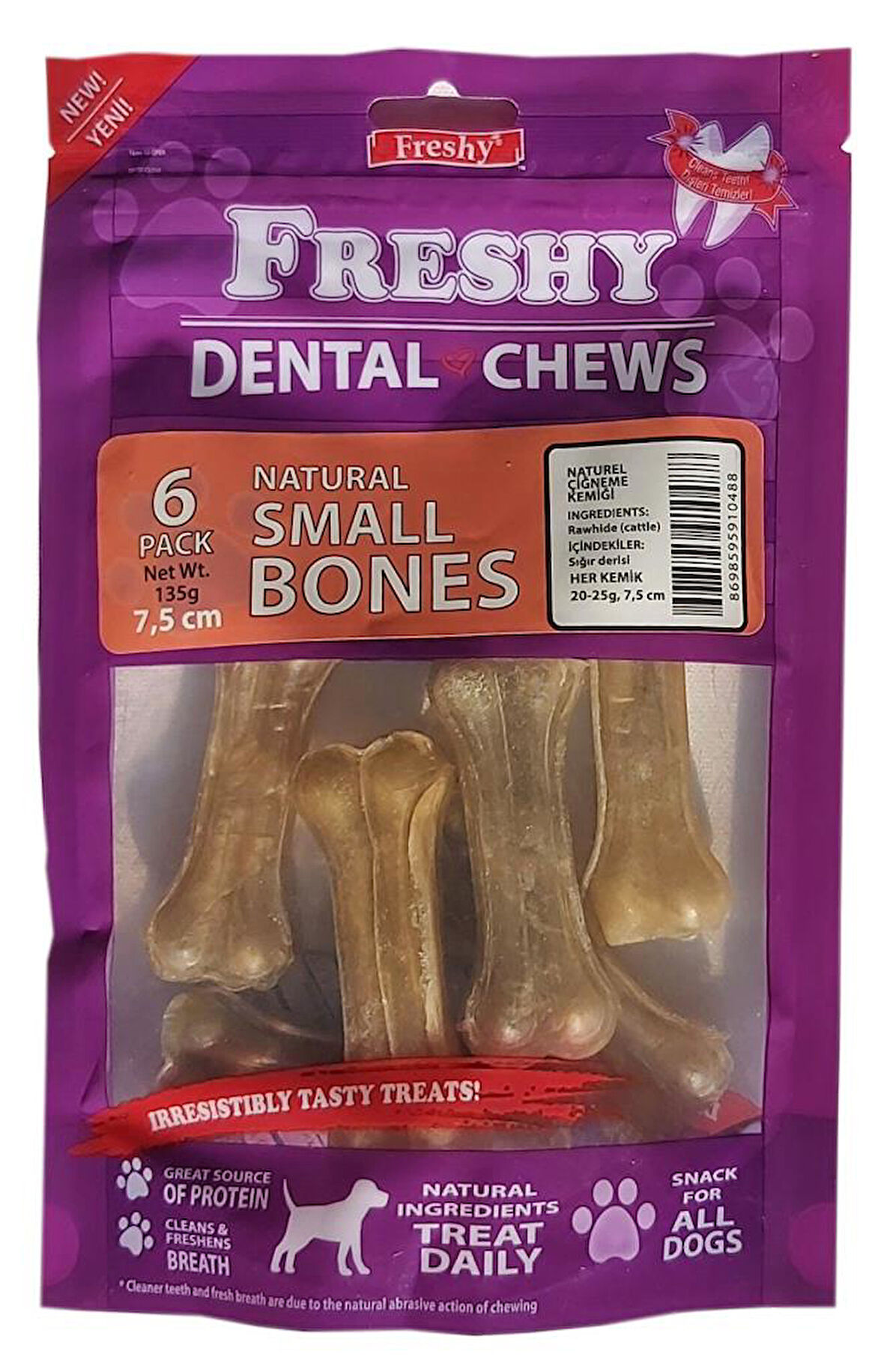 Freshy Küçük Boy Natürel Dental Pres Kemik 7,5 Santim 3 inç 6'lı Paket Toplam 135 Gram