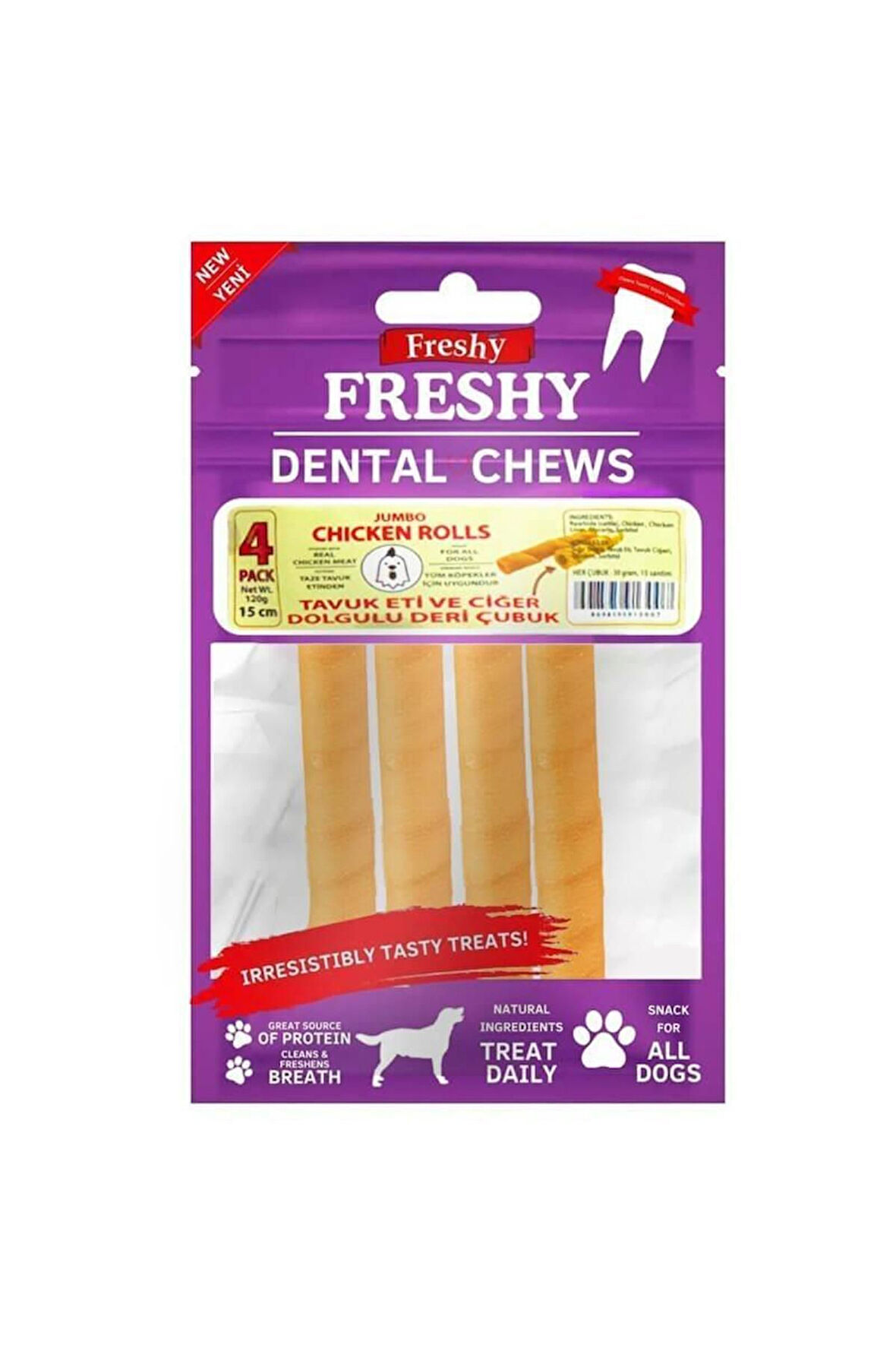 Freshy Jumbo Chicken Stuffed Rolls Tavuk Etli ve Ciğer Dolgulu Deri Çubuk 4 adet 120gr