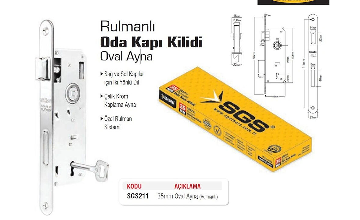 RULMANLI ODA KAPI KİLİDİ-OVAL AYNA-35 MM-SGS211-2 ADET