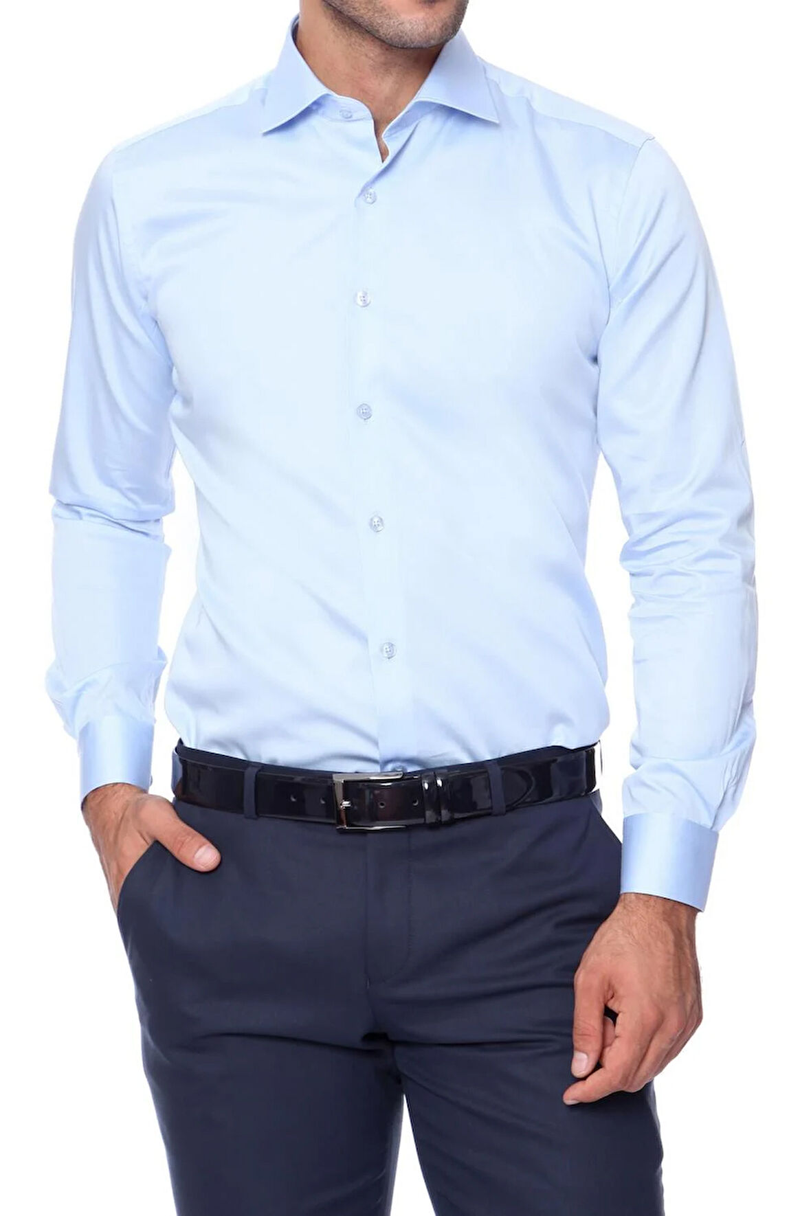 Gk 214 Slim Fit Klasik Yaka Pamuk Saten Uzun Kol Açık Mavi Gömlek 