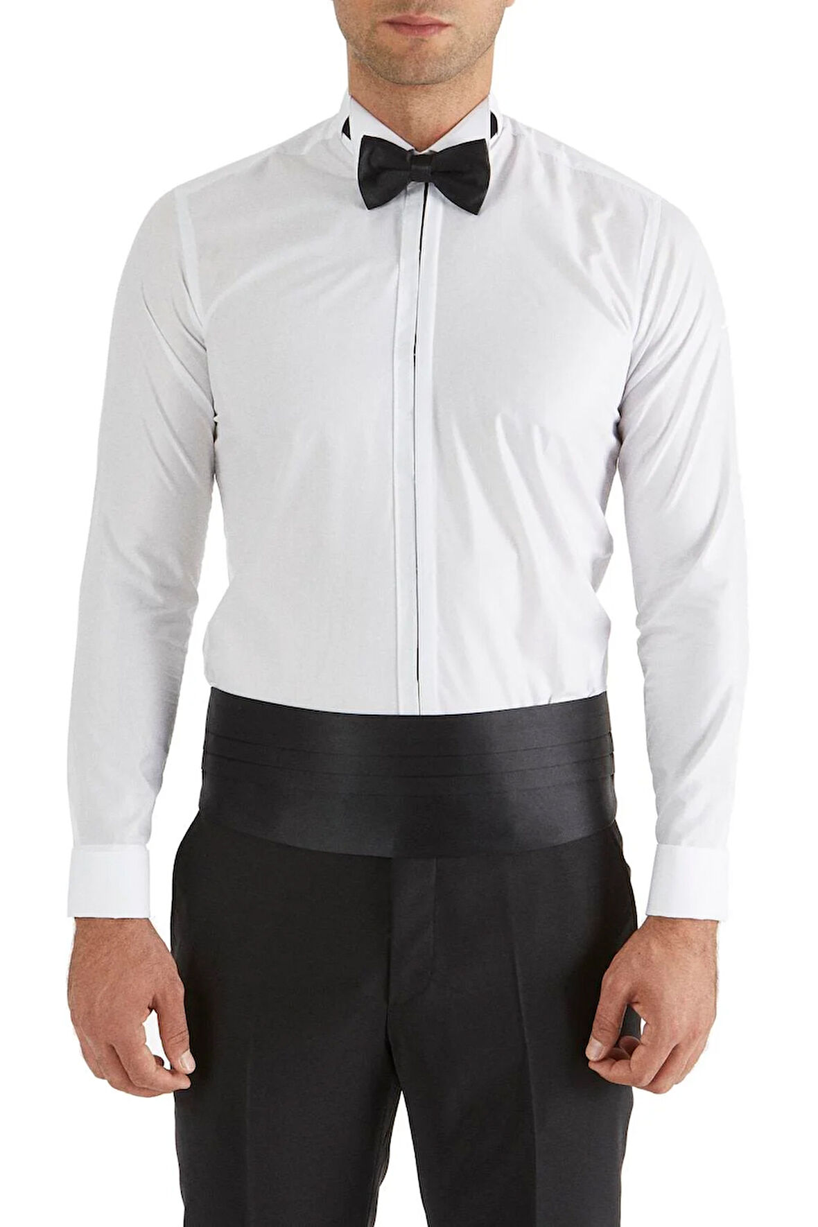 Gk 362 Slim Fit Duble Manşet Gizli Düğme Ata Yaka Beyaz Damatlık Smokin Gömlek 