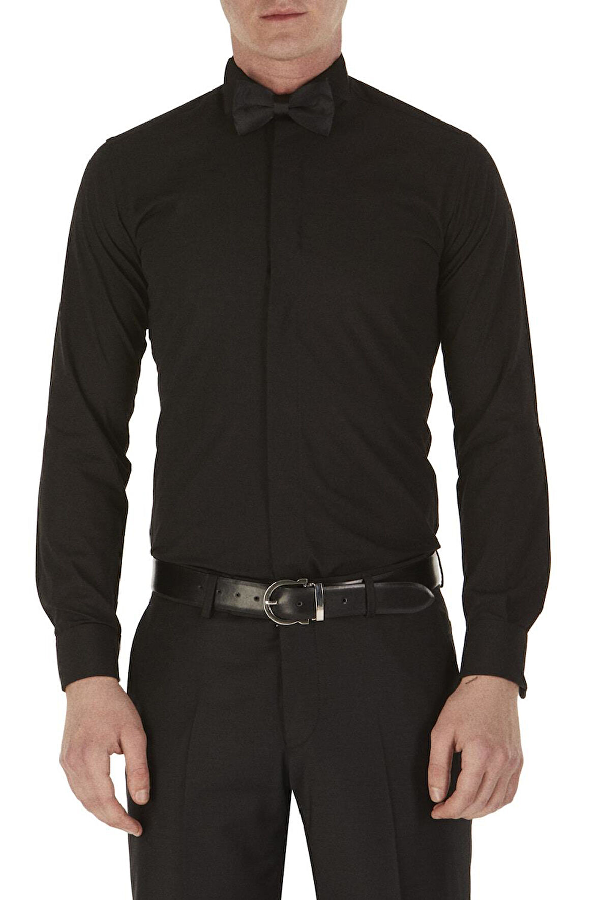 Gk 148 Slim Fit Duble Manşet Ata Yaka Siyah Damatlık Smokin Gömlek