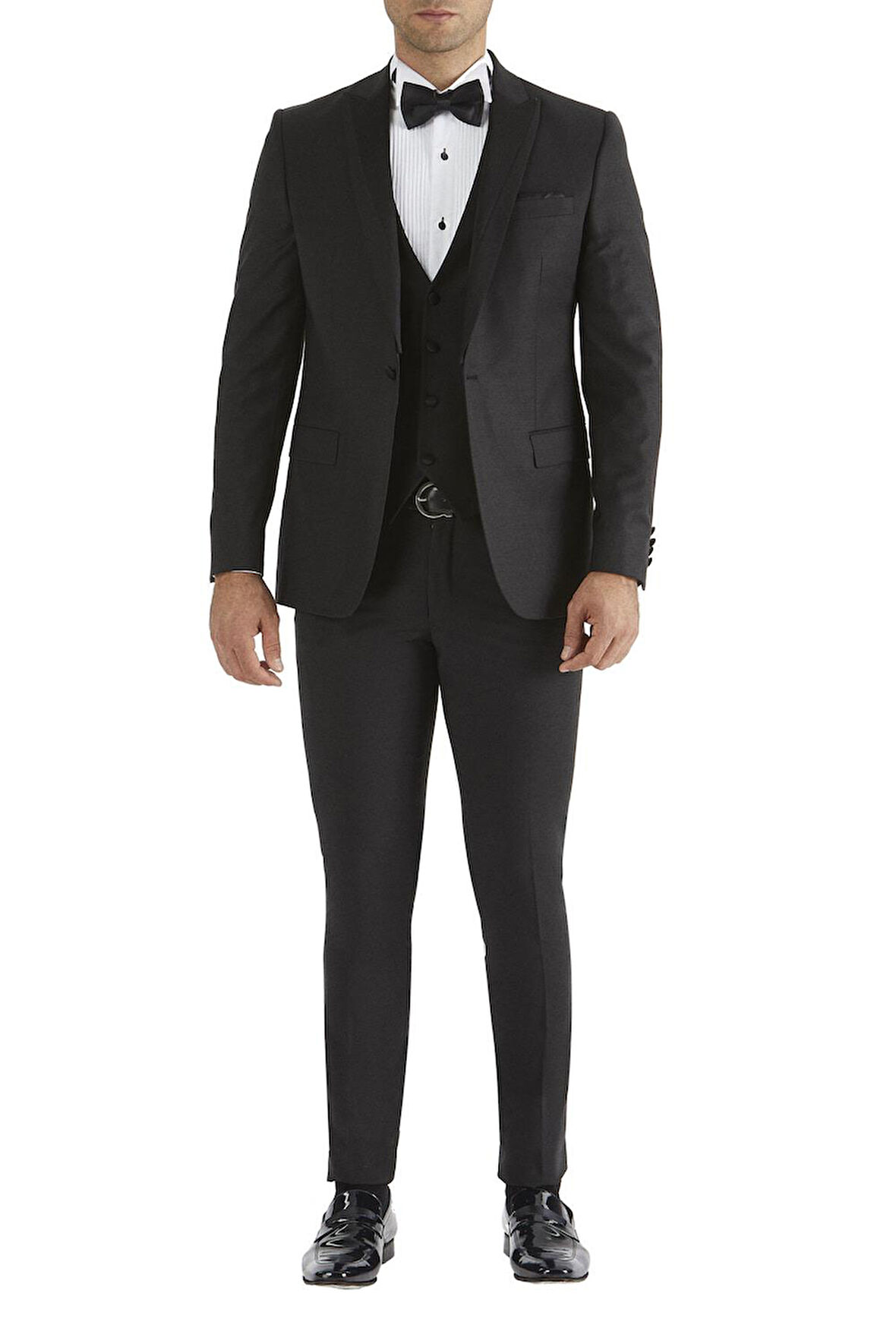 Black 034 Slim Fit Yelekli Çıkma Saten Yaka Siyah Damatlık Smokin Takım