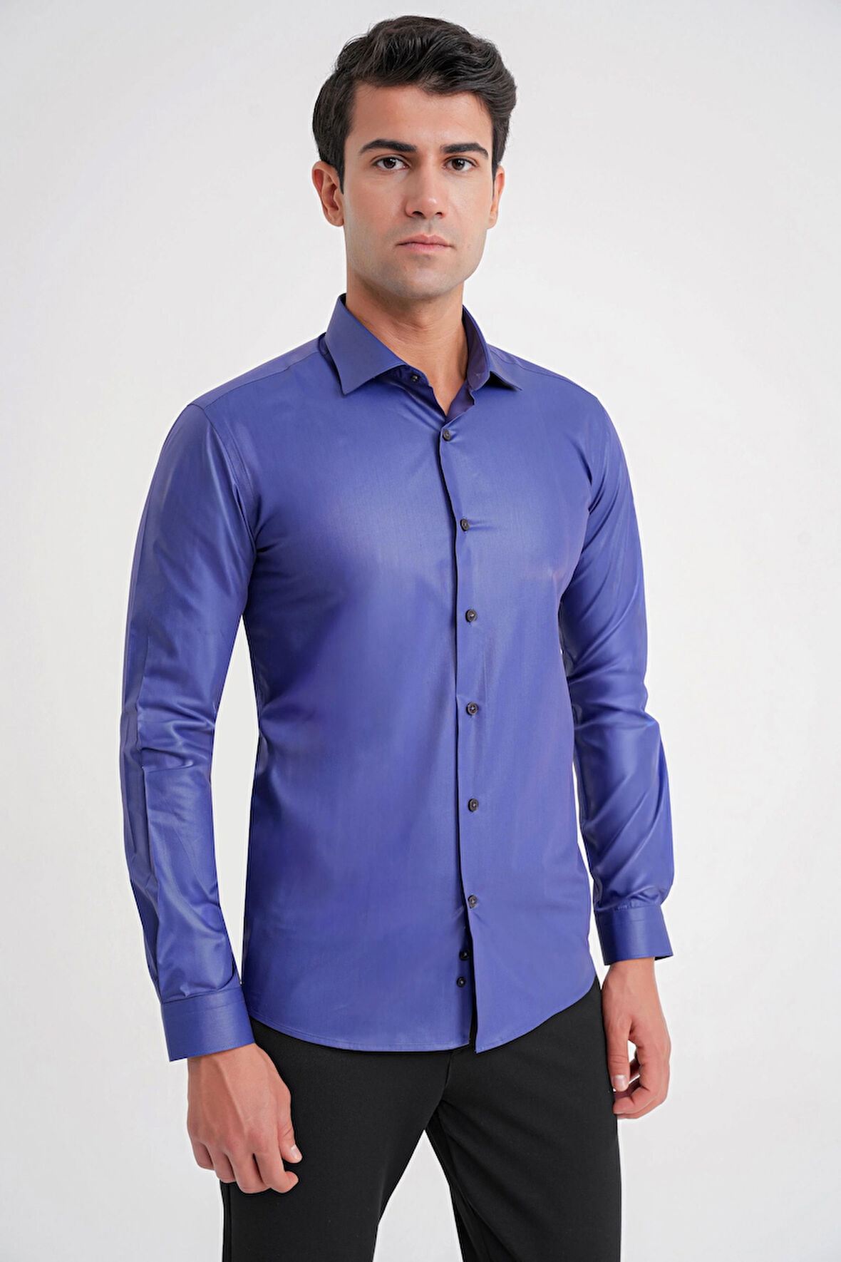 Gk 157 Slim Fit Pamuk Saten Uzun Kol Klasik Lacivert Gömlek 