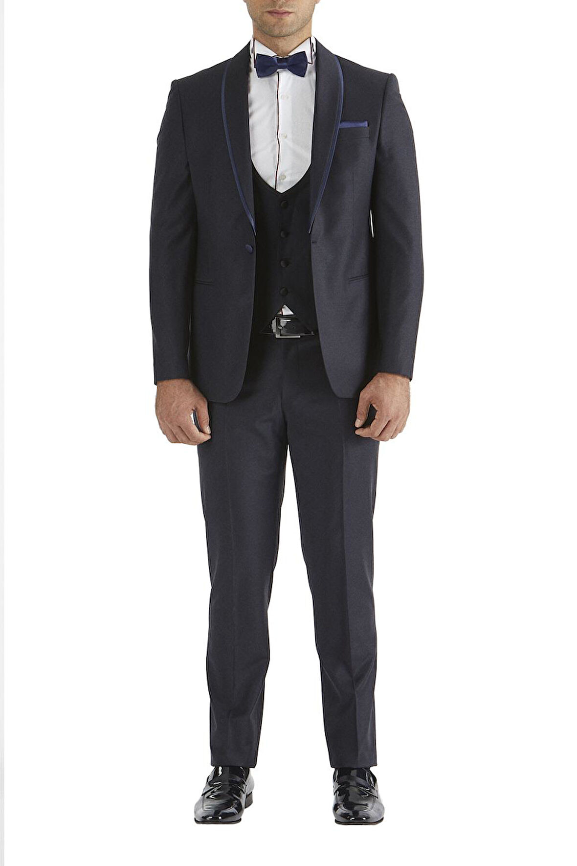 Black 037 Slim Fit Çıkma Saten Yaka Lacivert Damatlık Smokin Takım