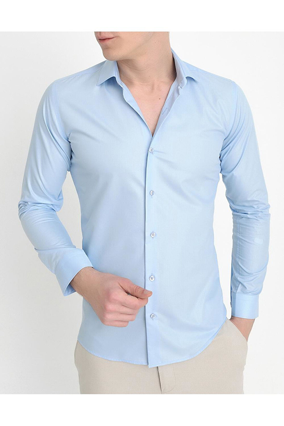 Gk 157 Slim Fit Pamuk Saten Uzun Kol Klasik Açık Mavi Gömlek 