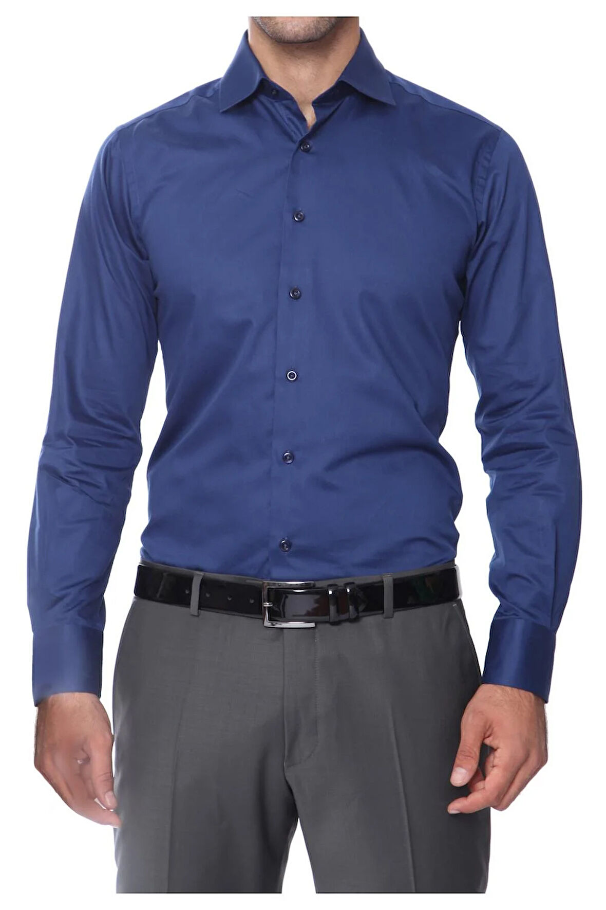 Gk 214 Slim Fit Klasik Yaka Pamuk Saten Uzun Kol Lacivert Gömlek 